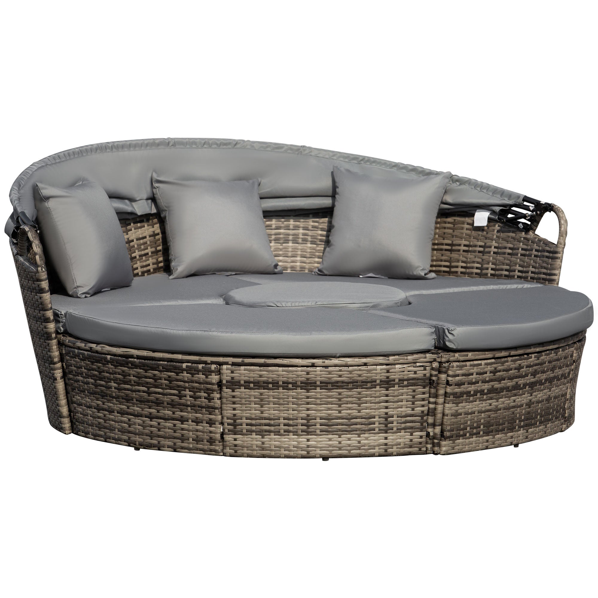 Outsunny Outdoor PE Rattan Garden Furniture with Cushioned, Patio Wicker Conversation Furniture Set, Round Daybed with Retractable Canopy, Coffee Table and Three Pillows, Dark Grey - North Peak Garden Furniture