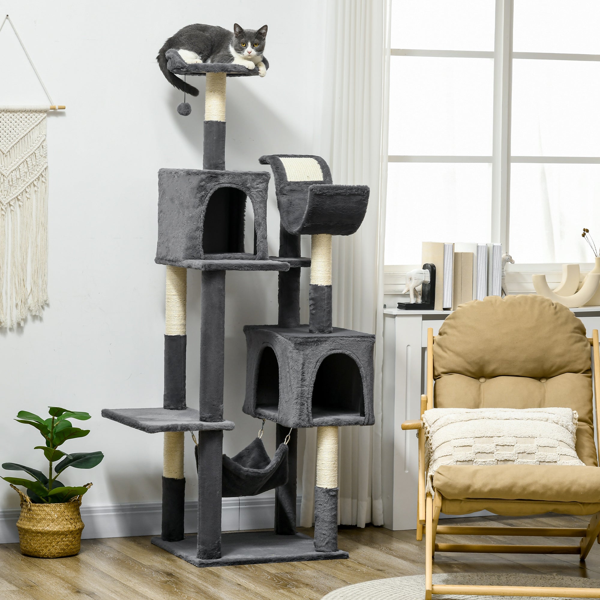 PawHut 177cm Cat Tree with Scratching Post, Hammock, Cat House - Dark Grey - North Peak Garden Furniture