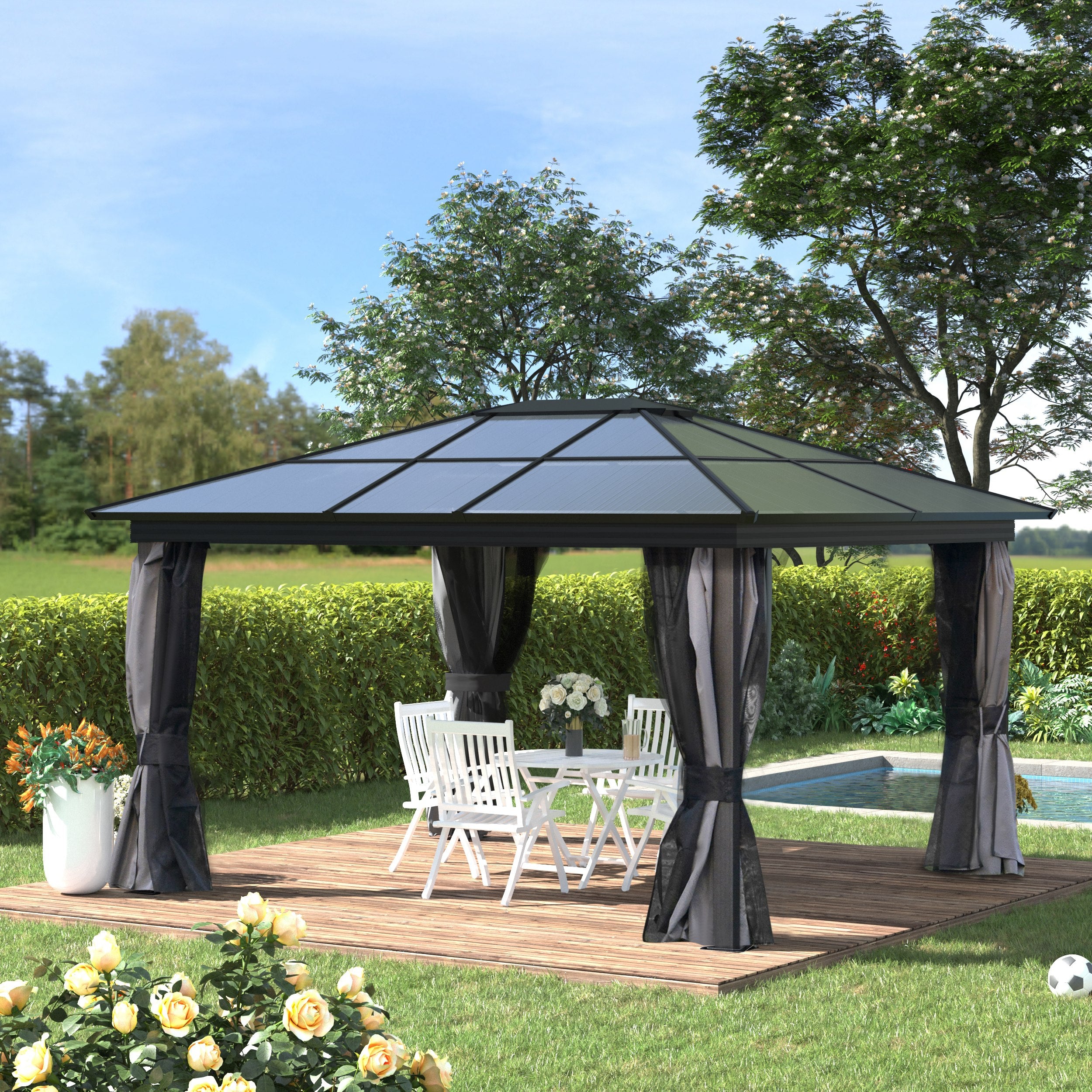 Outsunny 3.6 x 4m Hardtop Gazebo Canopy with Polycarbonate Roof, Aluminium Frame, Permanent Pavilion Garden Gazebo with Netting and Curtains for Patio, Deck, Dark Grey - North Peak Garden Furniture