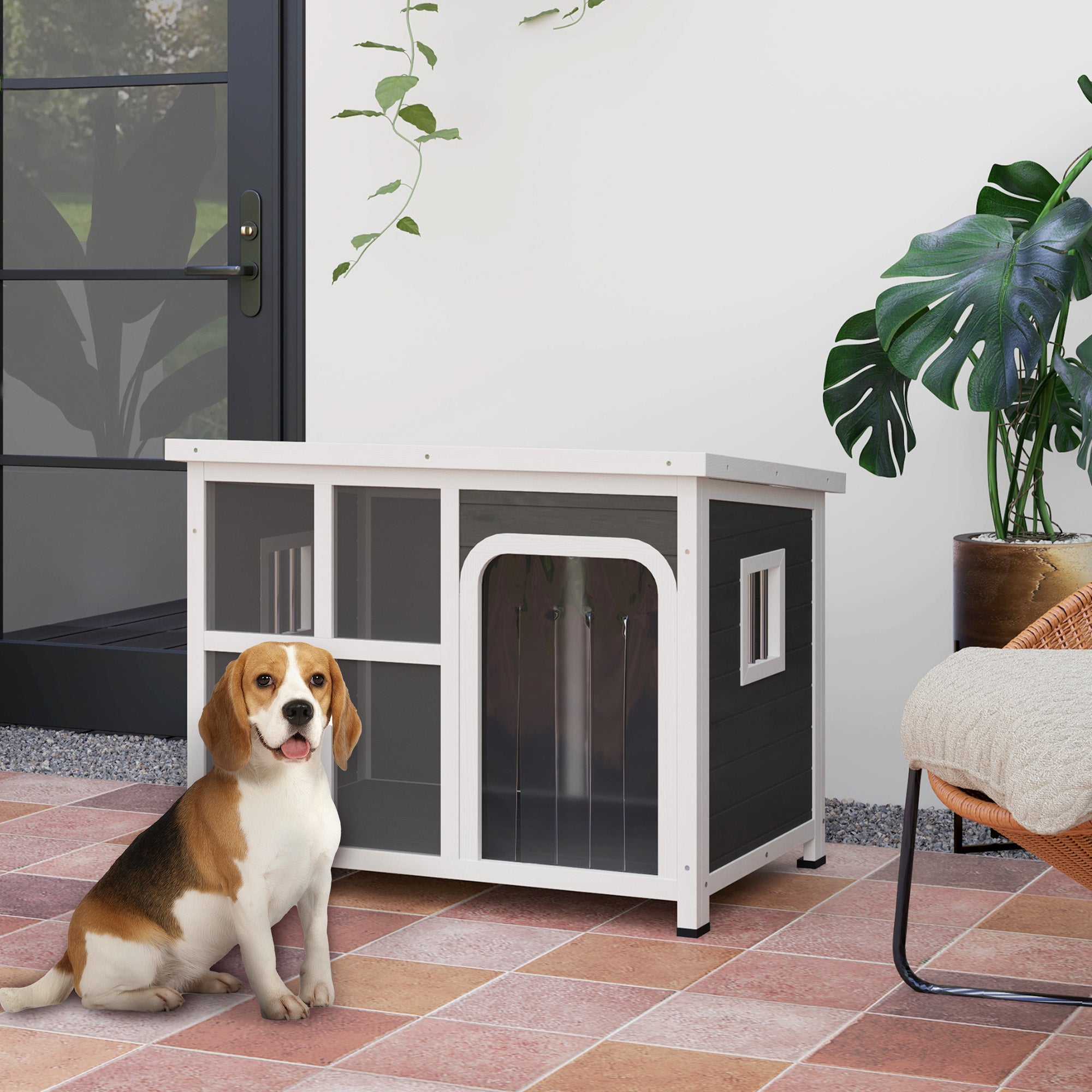 PawHut Wooden Dog House Outdoor with Asphalt Openable Top, Removable Floor, Clear Front Panel, Curtain, 90 x 62 x 71cm - North Peak Garden Furniture