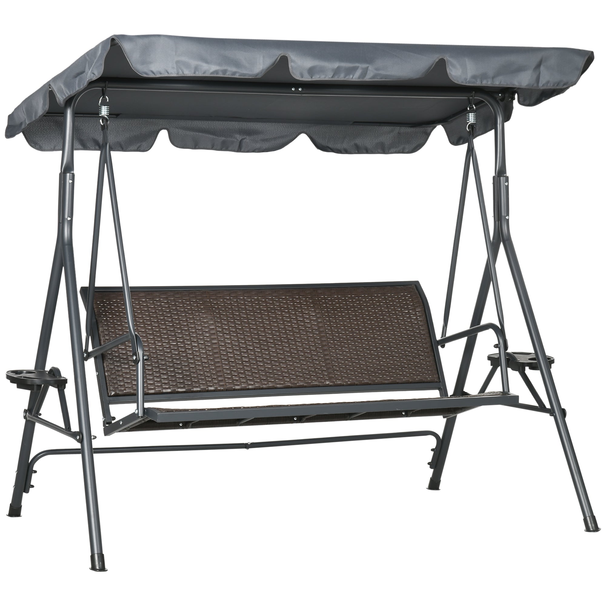 Outsunny 3 Seater Swing Chair, Garden Swing Seat Bench with Adjustable Canopy, Rattan Seat, and Steel Frame for Patio, Yard - North Peak Garden Furniture