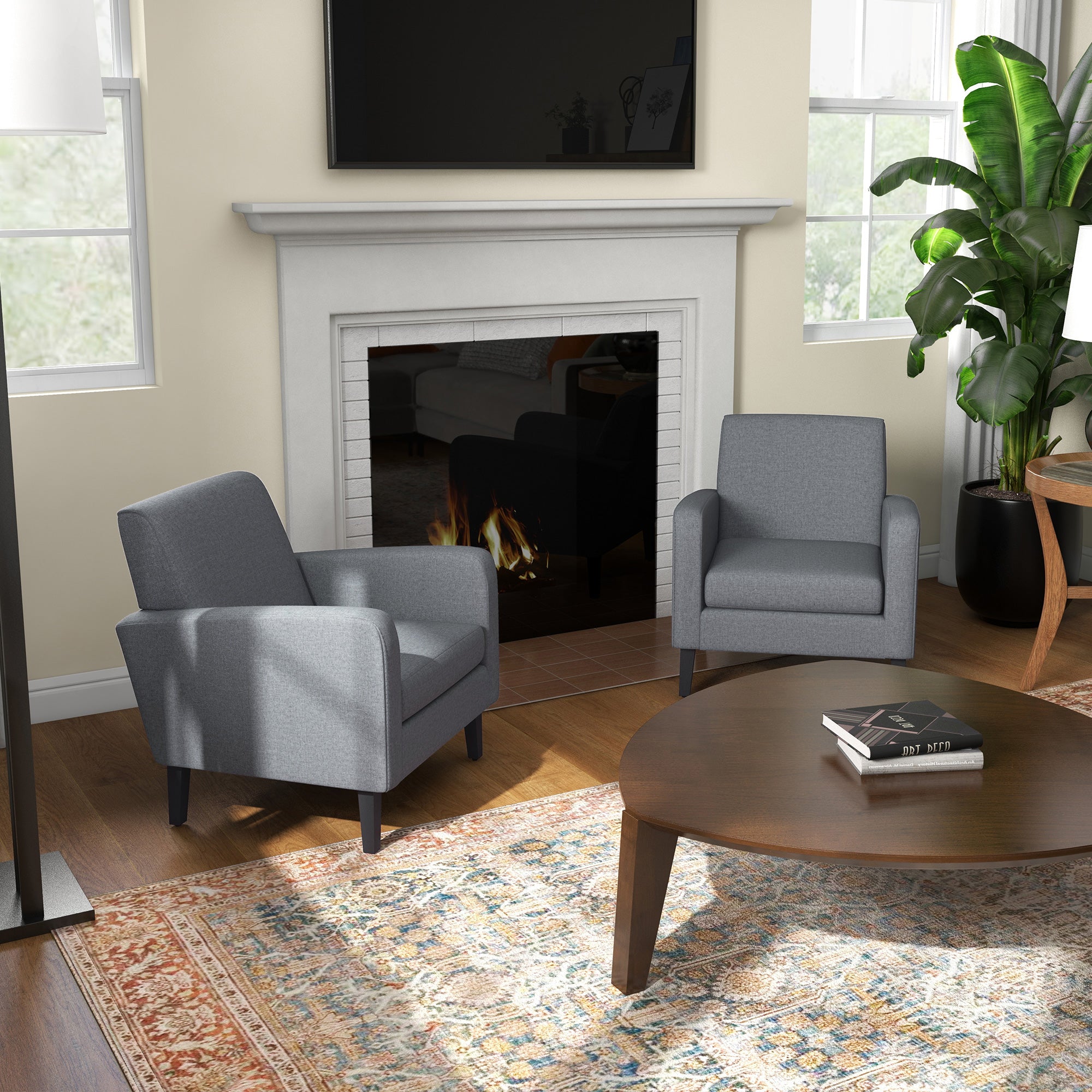 HOMCOM 2 Pieces Modern Armchairs with Rubber Wood Legs, Upholstered Accent Chairs, Single Sofa for Living Room, Bedroom, Grey - North Peak Garden Furniture