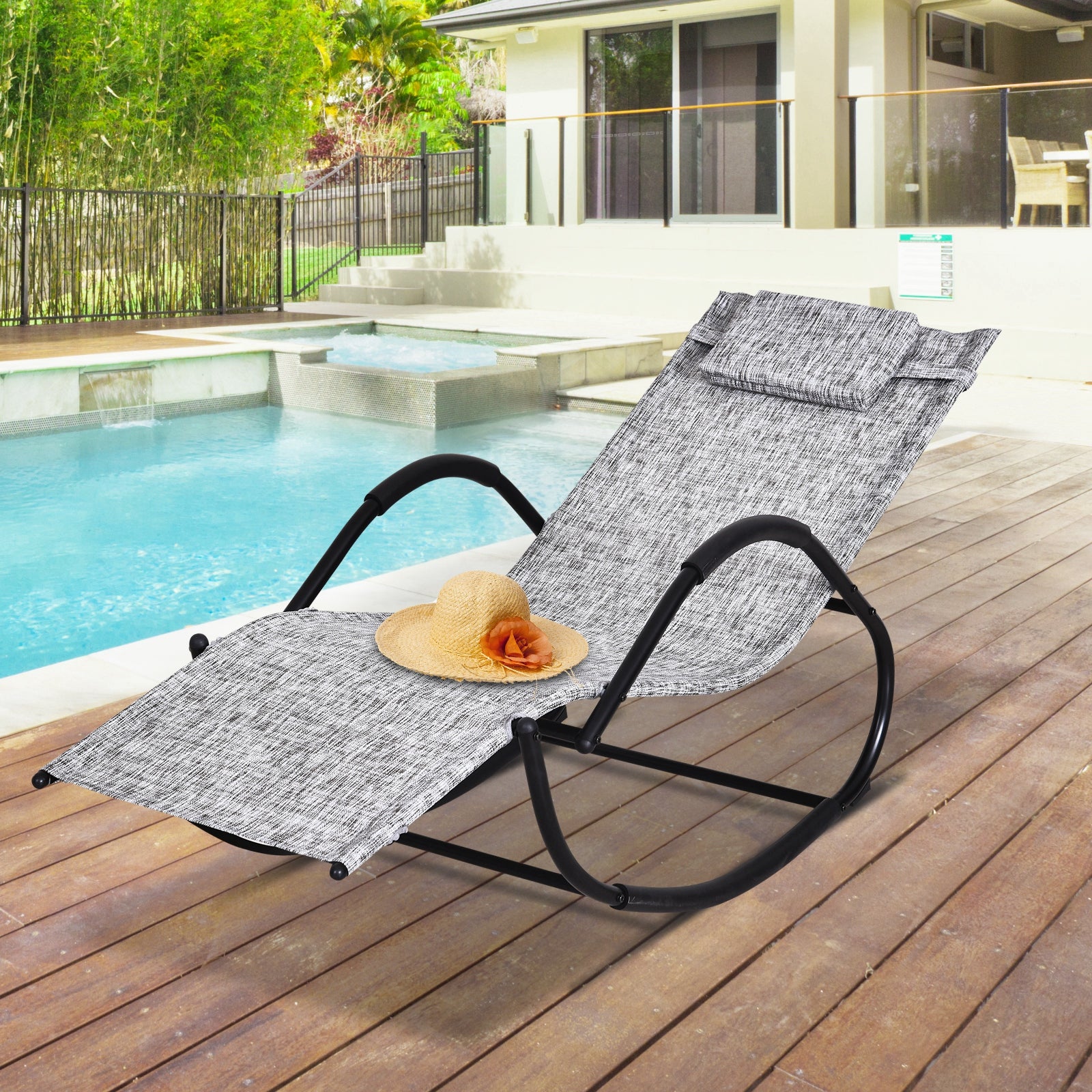 Outsunny Steel Frame Zero Gravity Rocking Lounge Chair w/ Pillow Grey - North Peak Garden Furniture