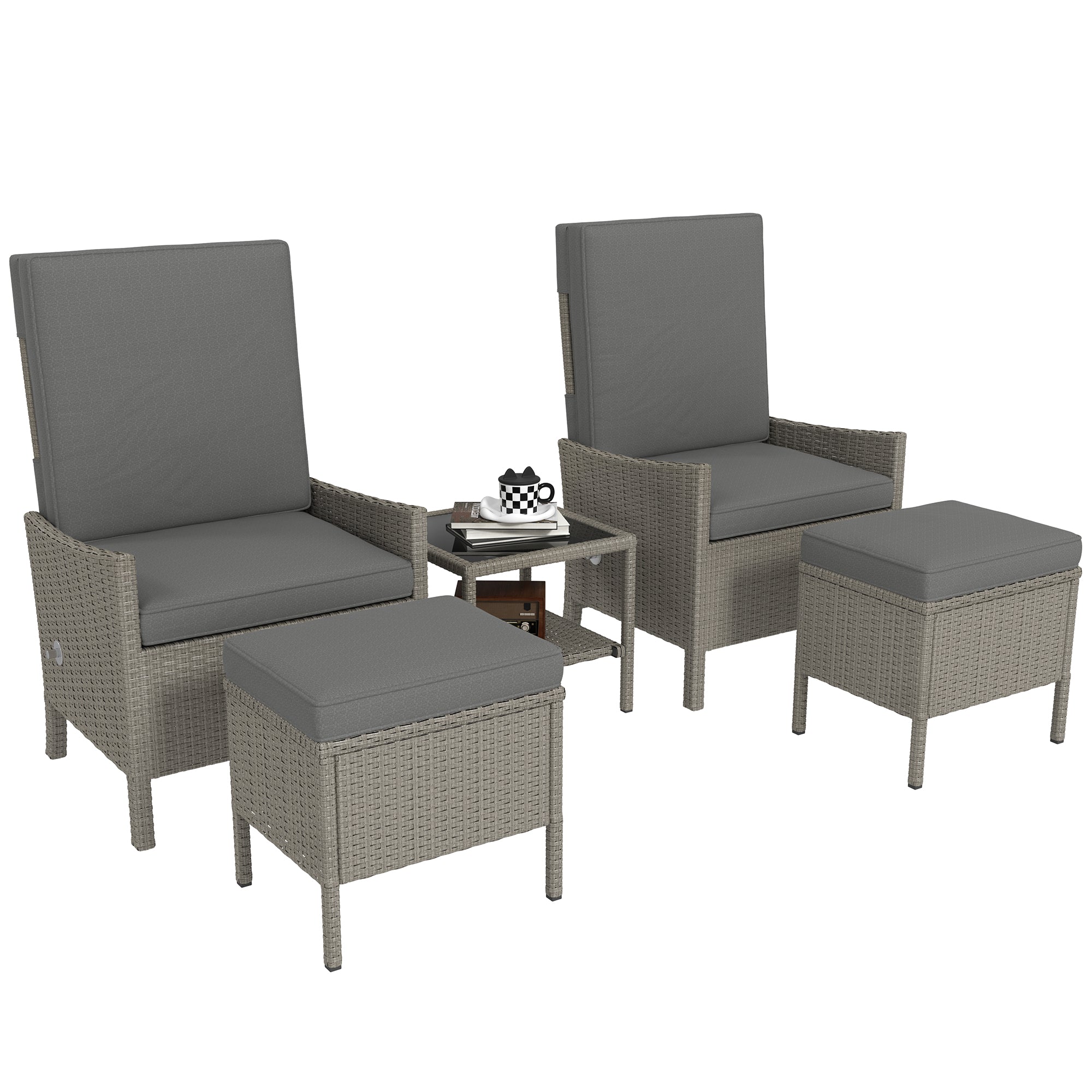 Outsunny 5 Piece Rattan Garden Furniture Set, Wicker Patio Sofa Set with 2 Armchairs, 2 Footstools, Glass Top Coffee Table with Shelf, Outdoor Furniture with Adjustable Backrests, Cushions, Dark Grey - North Peak Garden Furniture