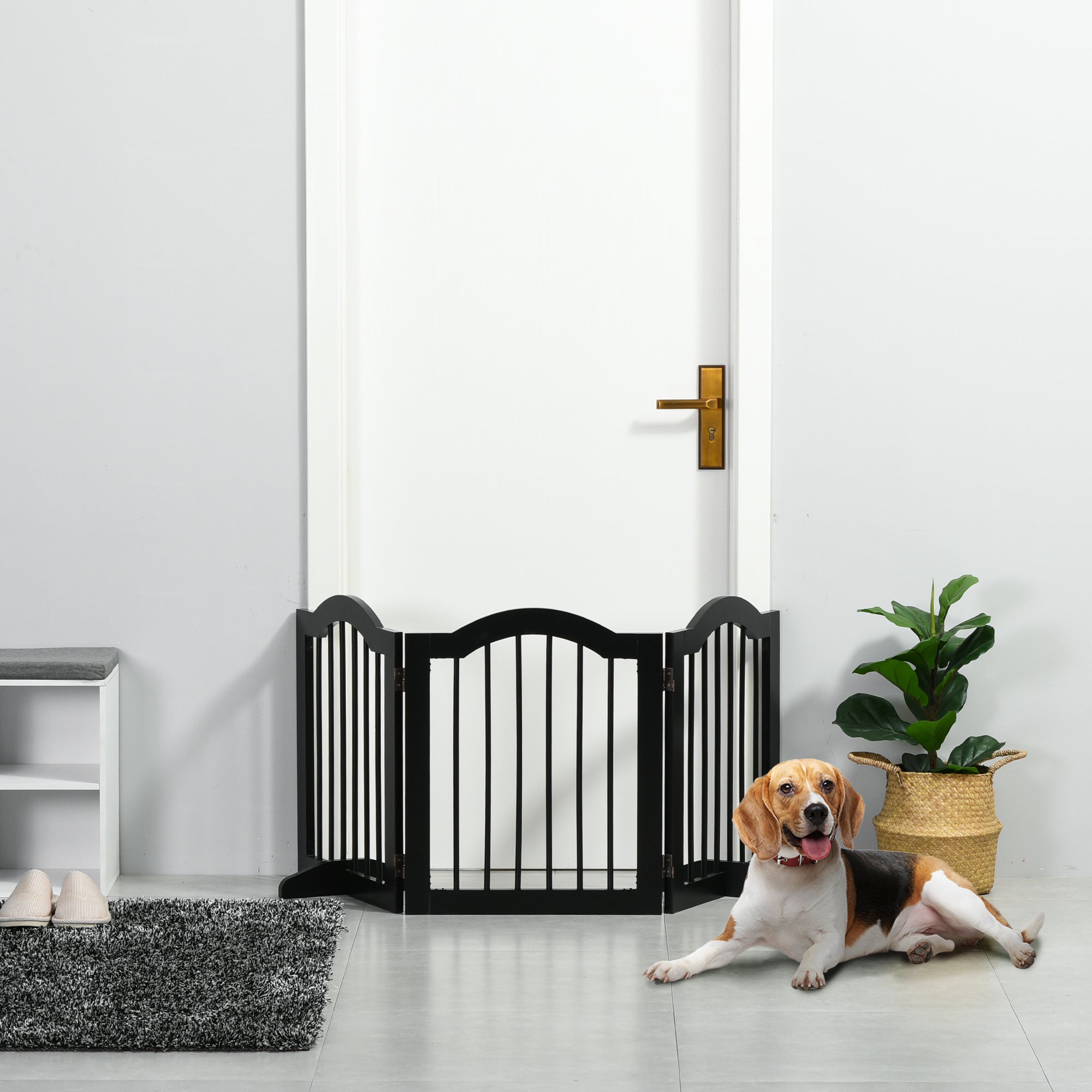 PawHut Freestanding Pet Gate Wooden Dog Gate with Support Feet Foldable Pet Fence Safety Barrier for the House Doorway Stairs Black - North Peak Garden Furniture