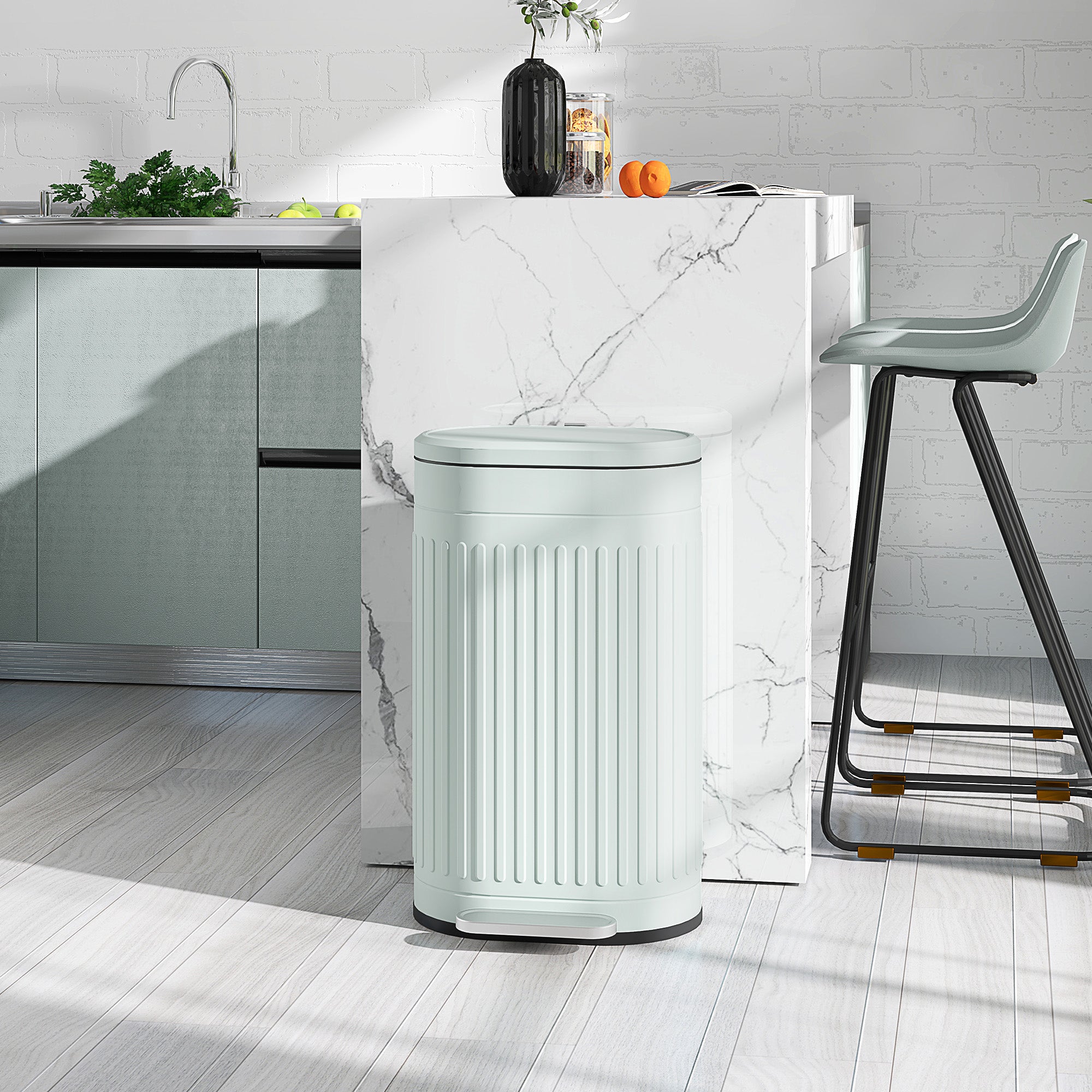 HOMCOM 30 Litre Pedal Bin, Fingerprint Proof Kitchen Bin with Soft-close Lid, Metal Rubbish Bin with Foot Pedal and Removable Inner Bucket, Light Green - North Peak Garden Furniture