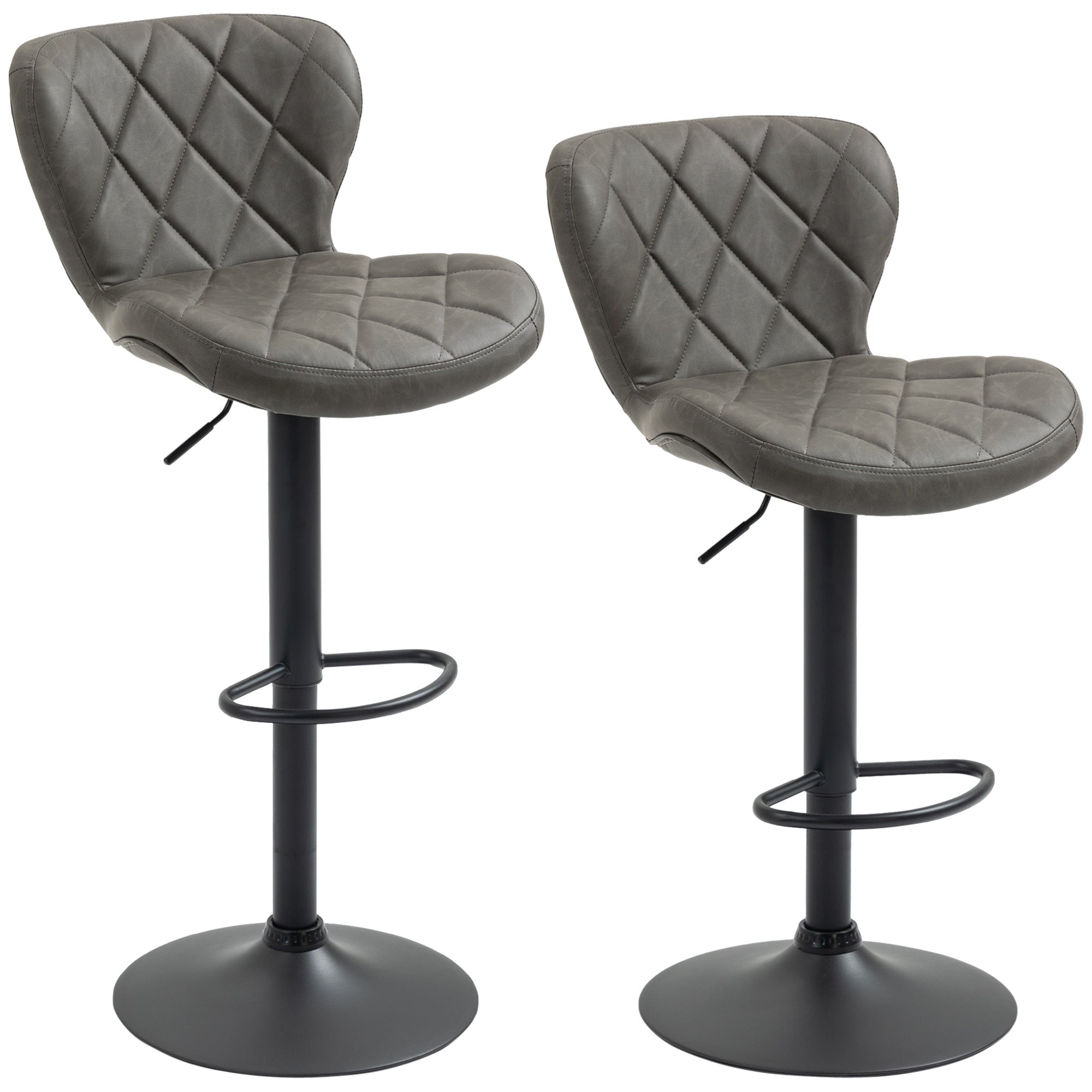HOMCOM Bar Stools, Set of 2 Breakfast Bar Chairs, Swivel Barstools with Backrest and Footrest, Steel Frame Diamond Pattern PU, for Kitchen Counter, Dining Room, Dark Grey - North Peak Garden Furniture
