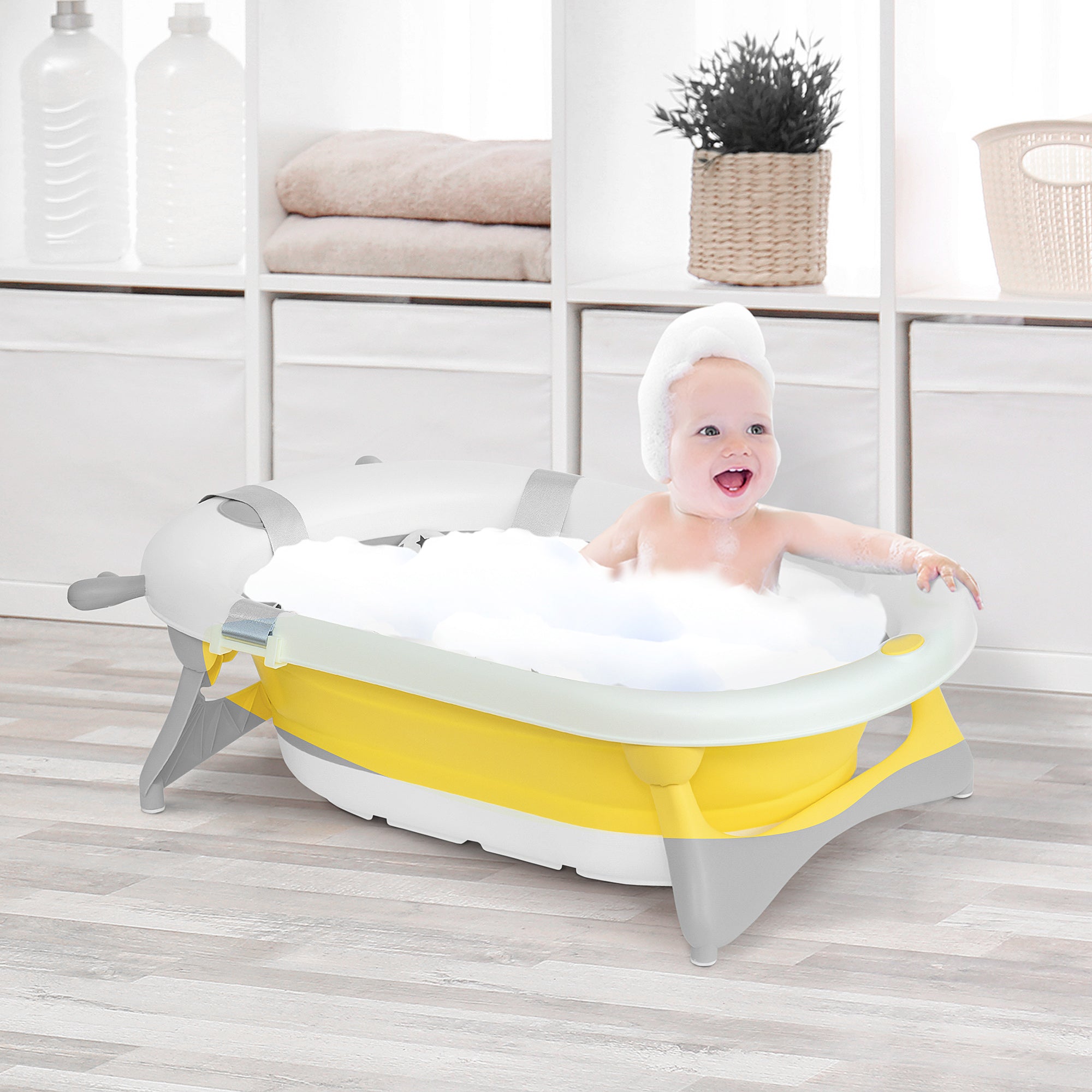 HOMCOM Foldable Baby Bathtub Set, Collapsible Bath Tub with Thermostatic Water Plug, Non-Slip Support, Cushion Pad, Drain Plugs, for Newborn to 3 Years - Yellow - North Peak Garden Furniture