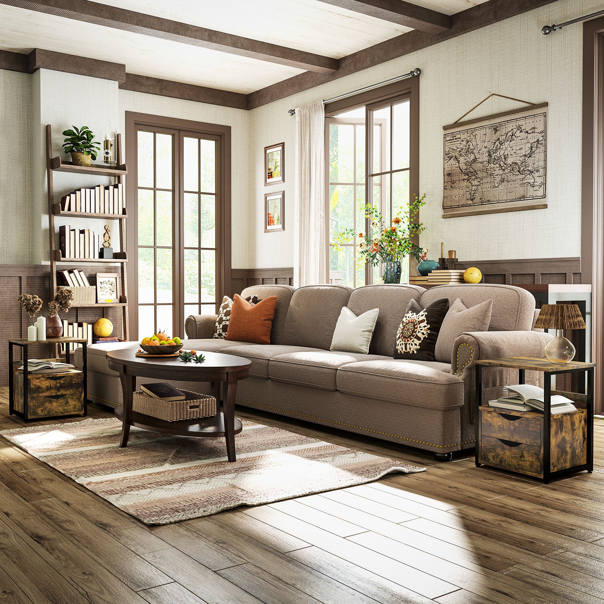 HOMCOM Industrial Side Table Set of 2, Sofa Table with Drawer, Bedside Cabinet with Storage Shelf, Slim Nightstand for Living Room, Bedroom, Rustic Brown - North Peak Garden Furniture