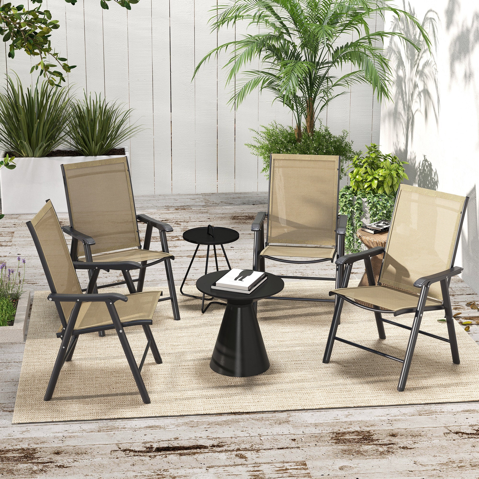 Outsunny Set of 4 Foldable Metal Garden Chairs Outdoor Patio Park Dining Seat Furniture Light Brown - North Peak Garden Furniture