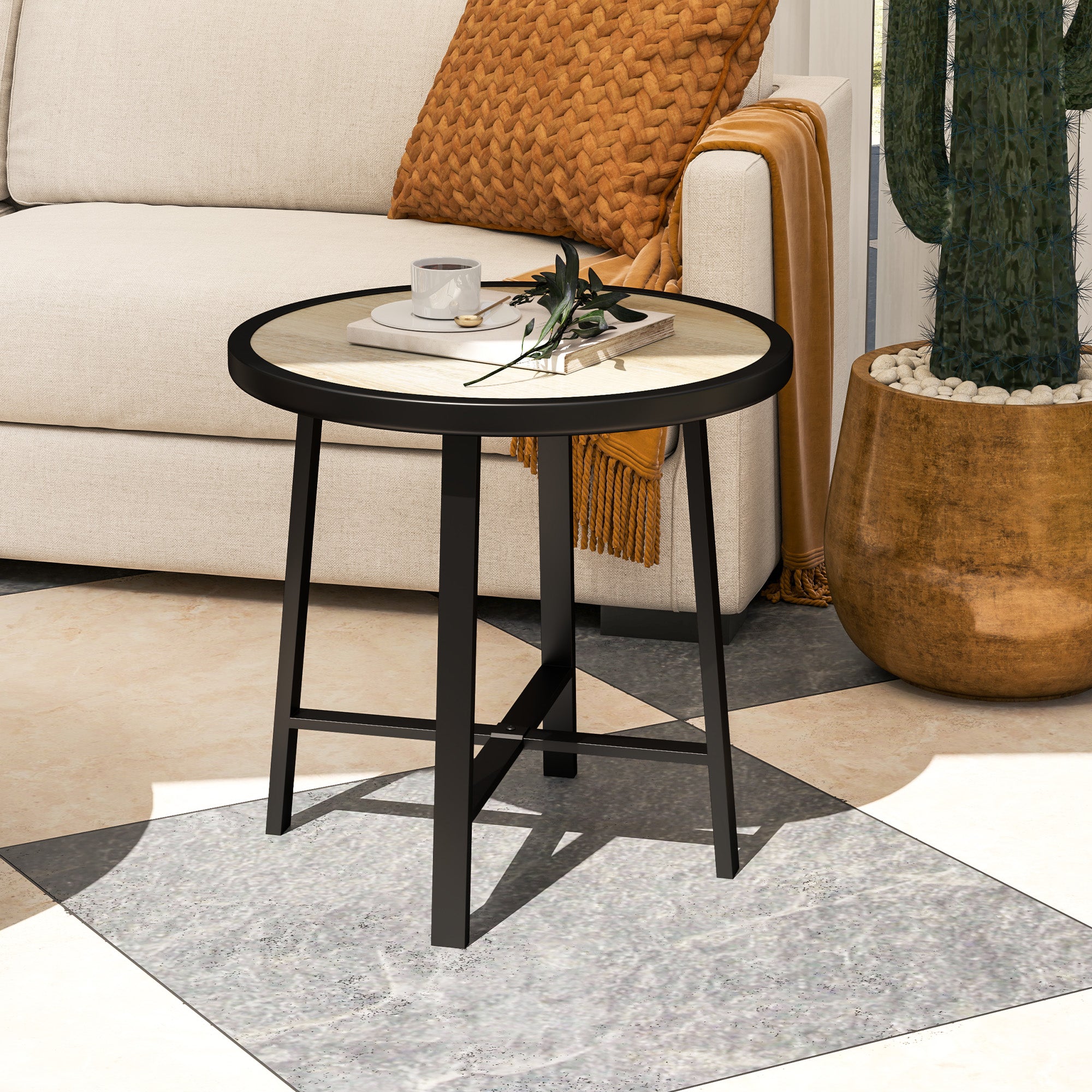 Outsunny Round Small Garden Table, 50.5cm Outdoor Side Table with SPC Tabletop, Metal Frame and Anti-slip Foot Pads for Garden, Balcony, Nature Wood Finish - North Peak Garden Furniture