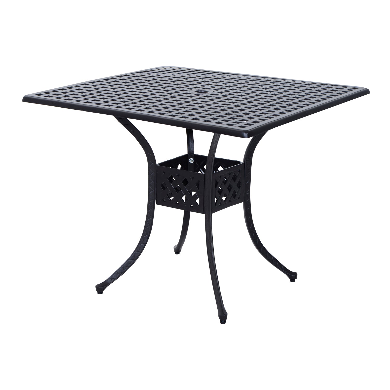 Outsunny 90cm Square Garden Table with Umbrella Hole, Aluminium Grid Motif Outdoor Dining Table for Garden Patio, Black - North Peak Garden Furniture