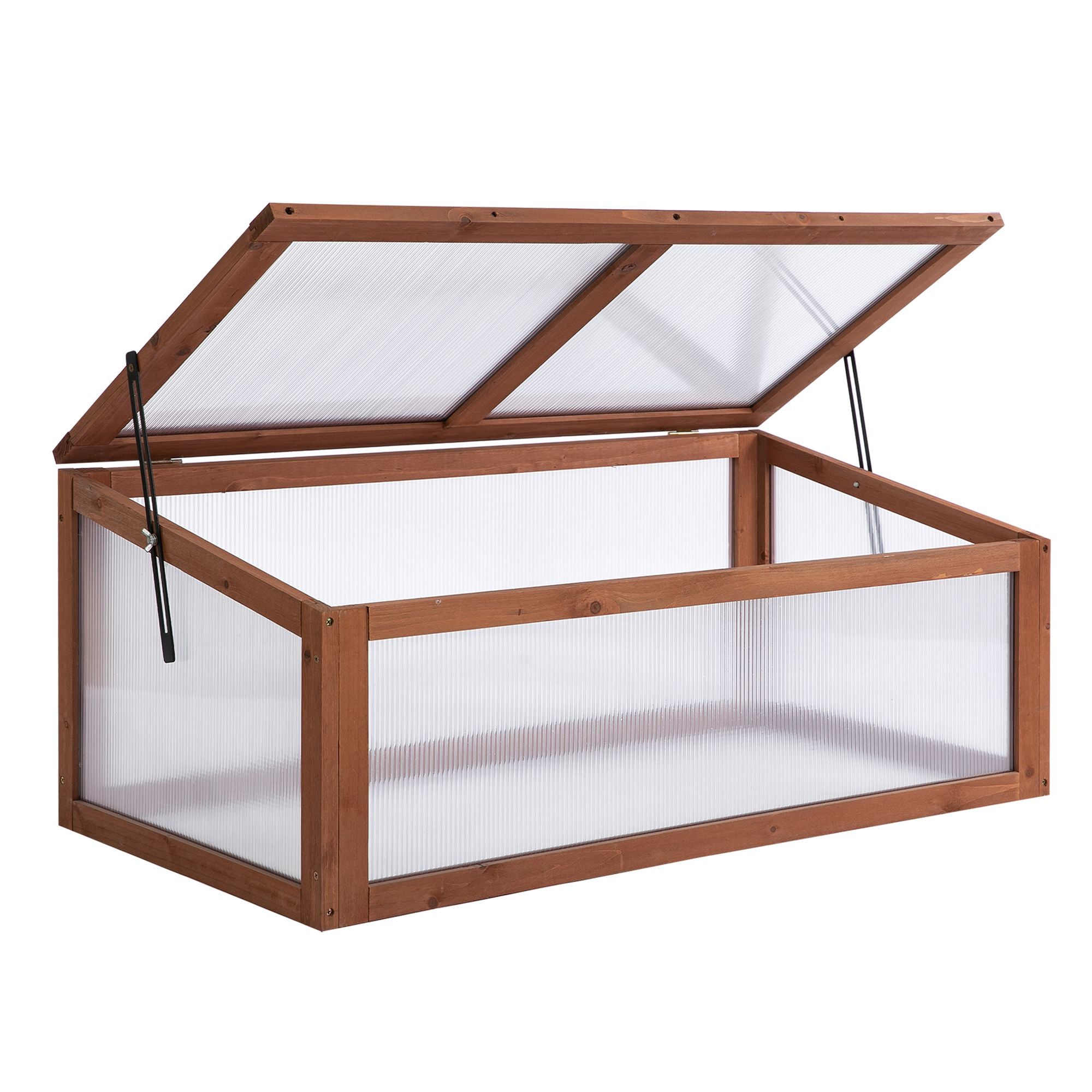 Outsunny Wooden Cold Frame, Small Polycarbonate Greenhouse for Plants with Openable & Tilted Top Cover, Brown, 100 x 65 x 40cm - North Peak Garden Furniture