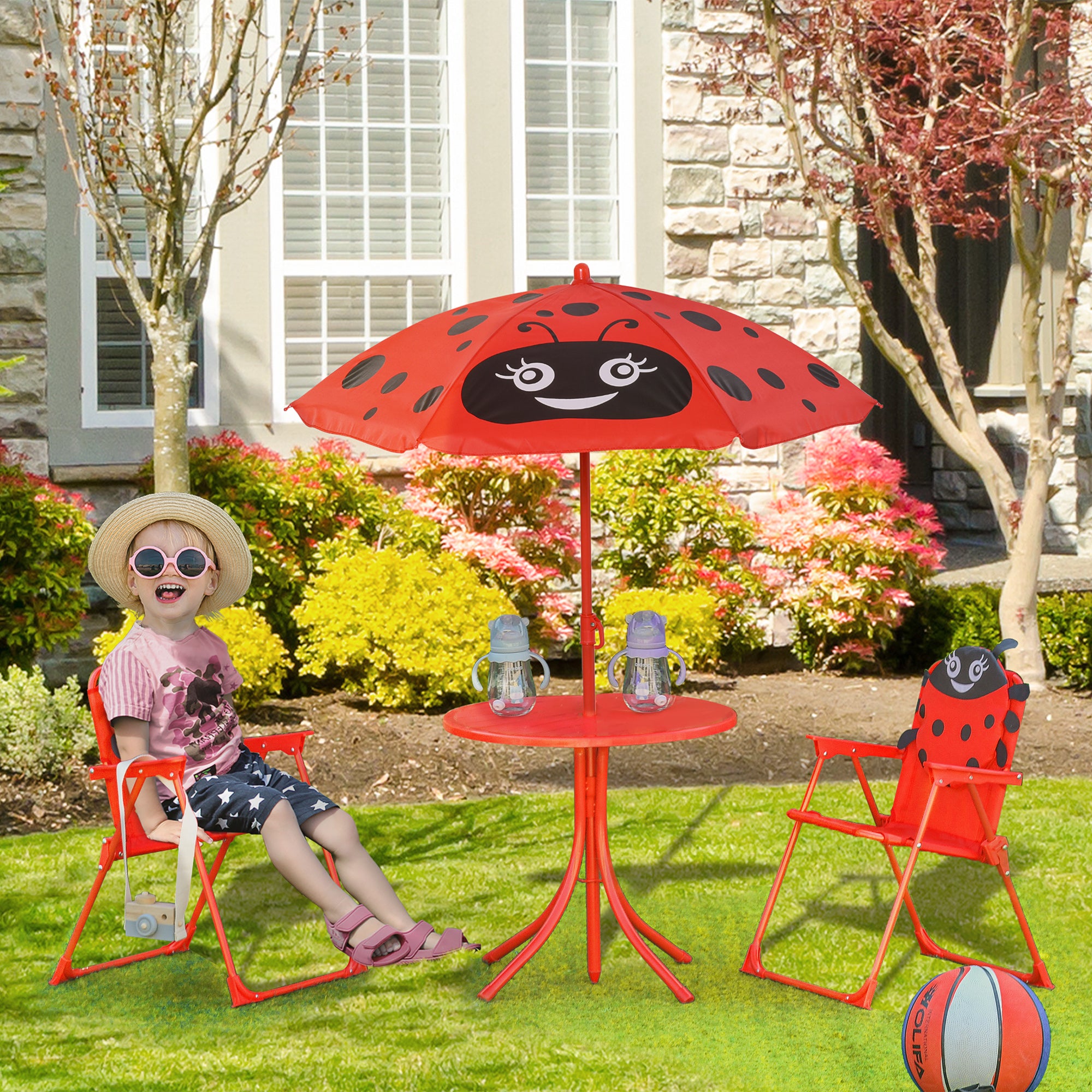 Outsunny Kids Outdoor Table and Chairs Garden Furniture Ladybird Pattern with Removable & Height Adjustable Sun Umbrella, Red - North Peak Garden Furniture