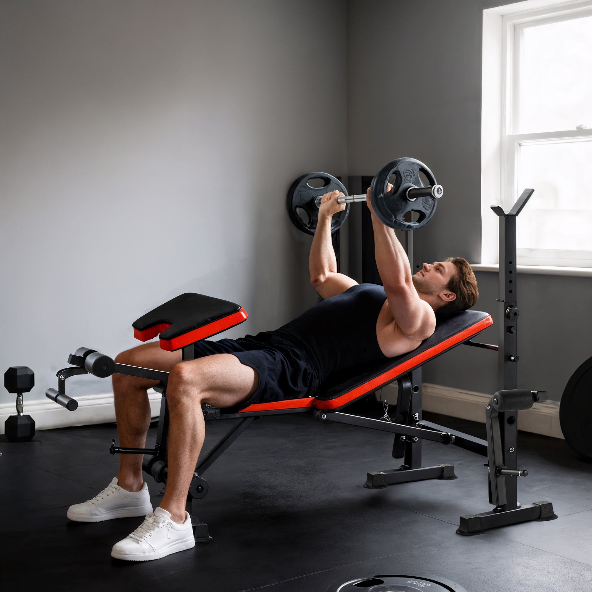 HOMCOM Adjustable Weight Bench with Leg Developer Barbell Rack for Weight Lifting and Strength Training Multifunctional Workout Station for Home Gym Fitness