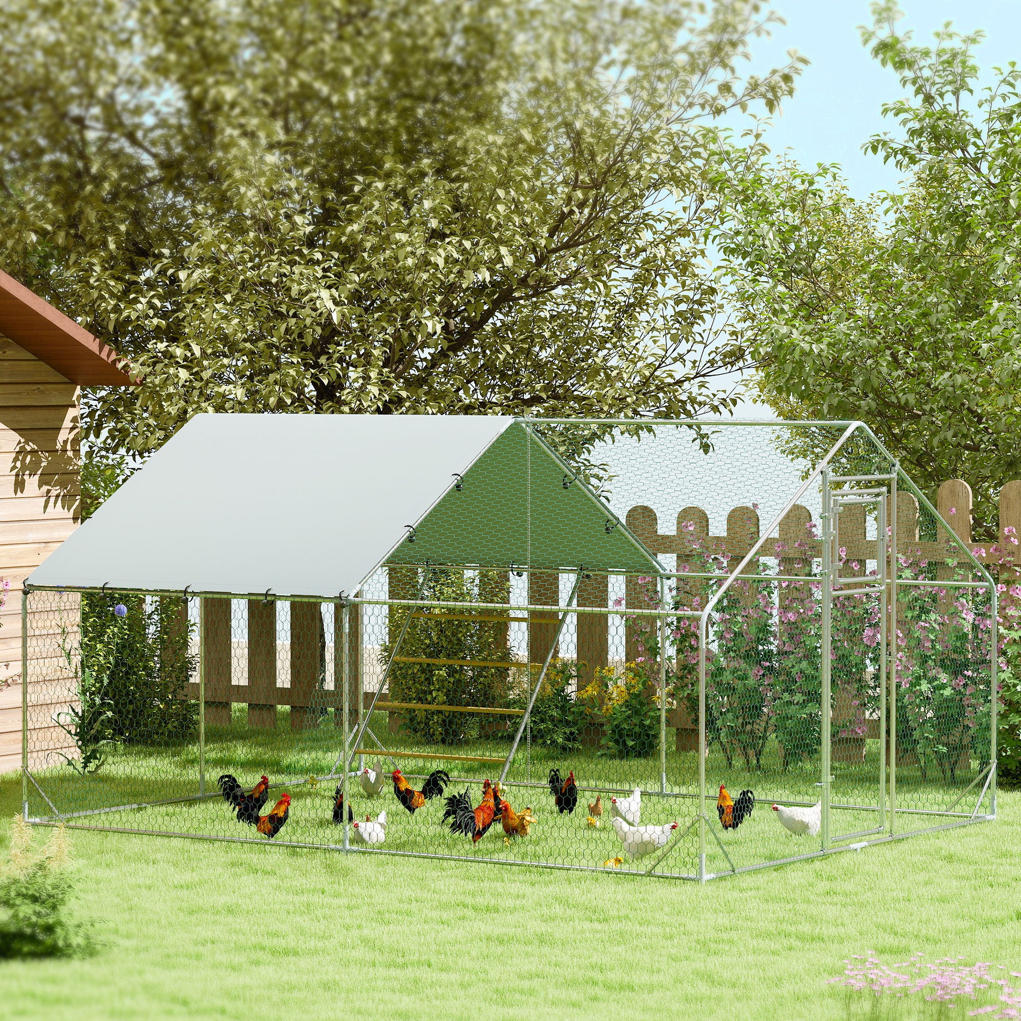 PawHut Walk in Chicken Run w/ Cover, Feeding Door, Hanging Feeder, Perch, for 12-18 Poultry - North Peak Garden Furniture