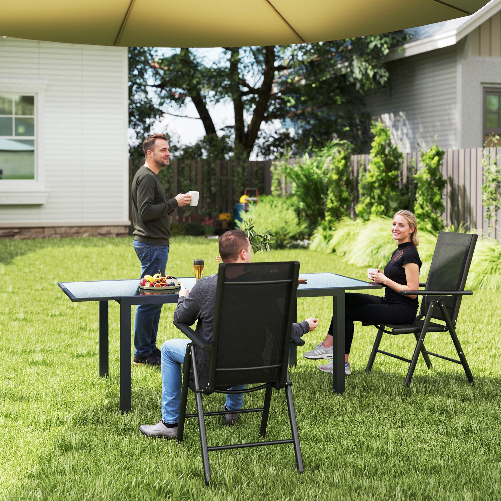 Outsunny Set of 2 Folding Chair, Aluminium Frame Outdoor Camping Chairs with Breathable Mesh Back and Seat, Garden Chair Set with Armrests for Balcony, Black - North Peak Garden Furniture