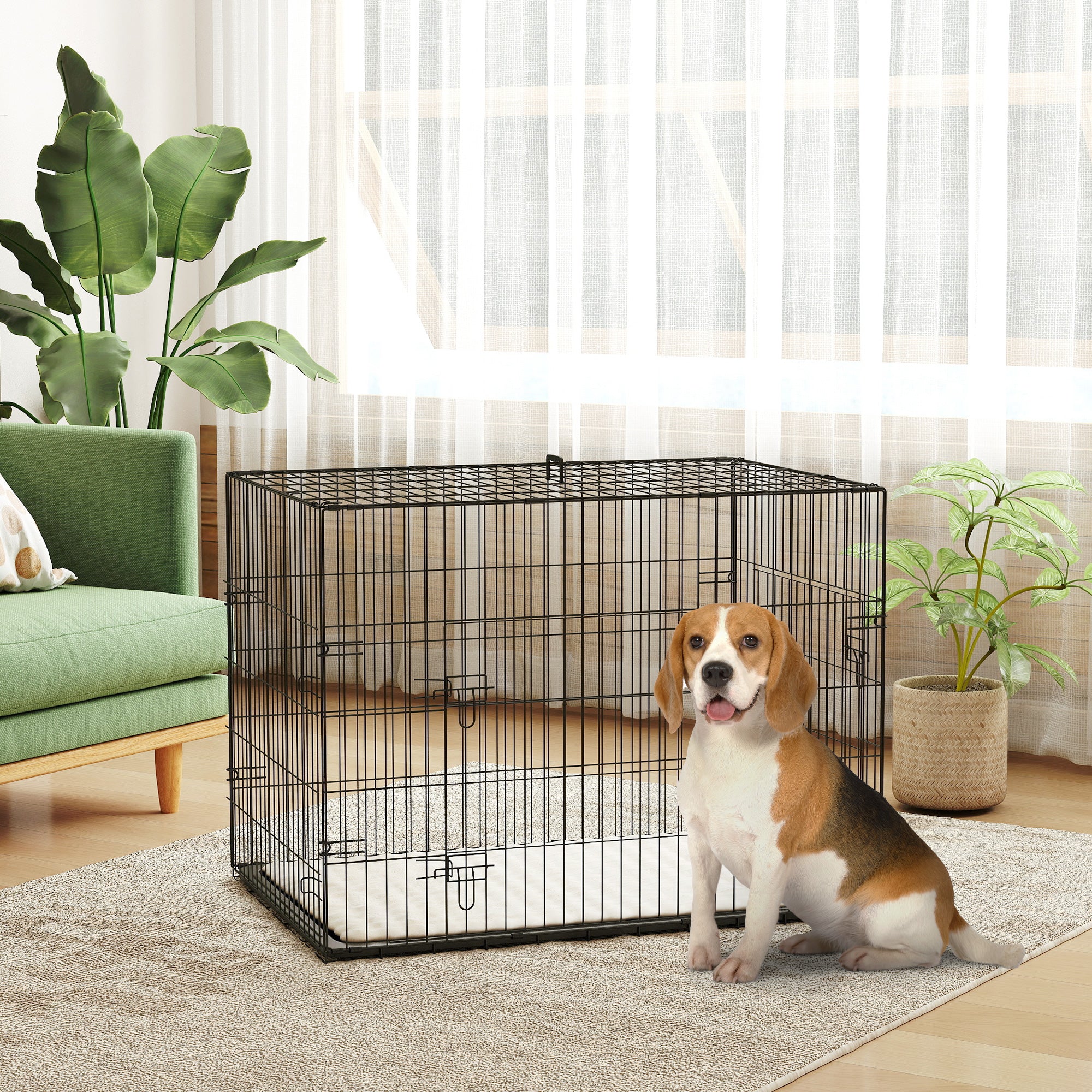 PawHut Dog Crate with 2 Doors with Tray, Soft Cushion, Foldable Metal Dog Cage for Large Medium Dogs, 91 x 62 x 68, Black - North Peak Garden Furniture