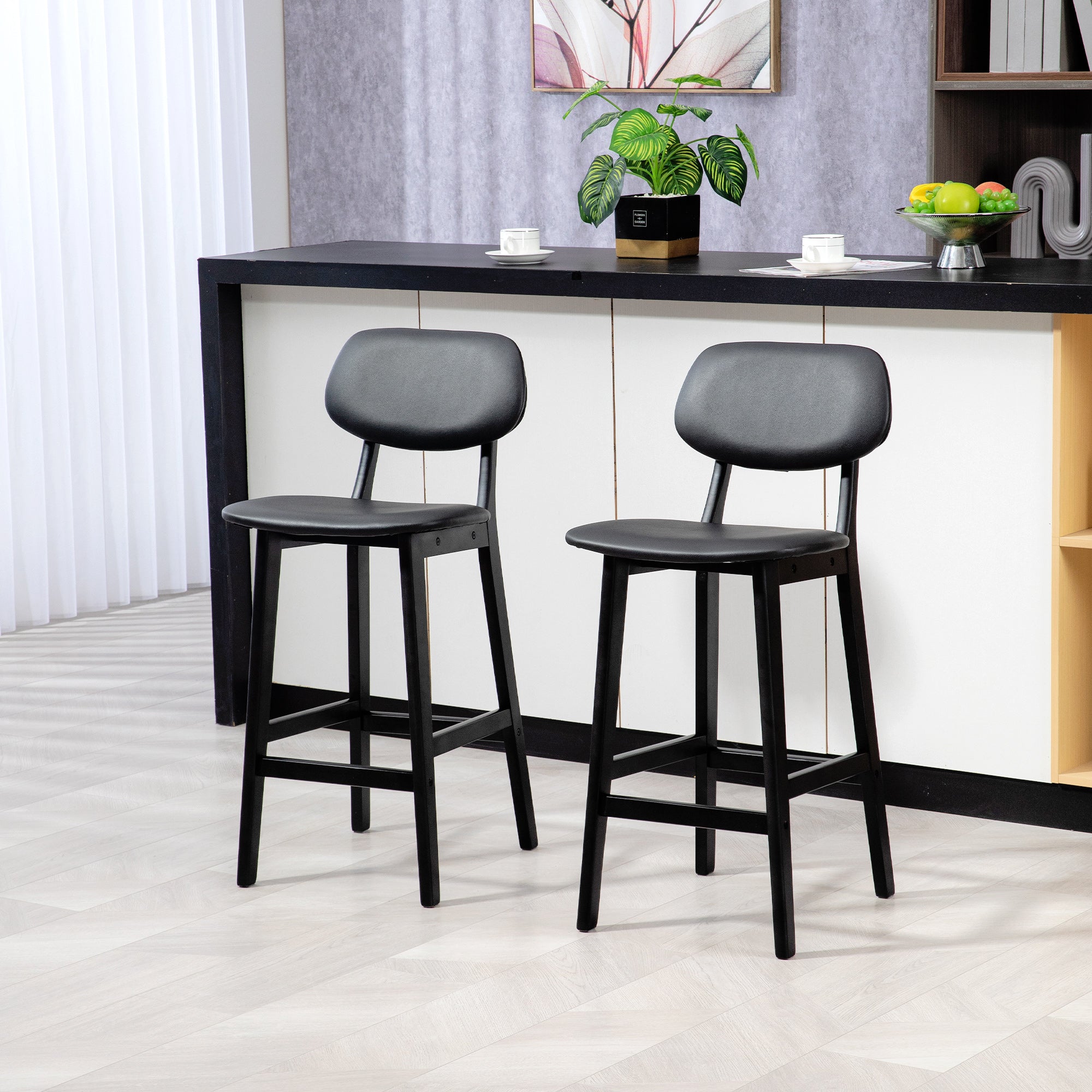 HOMCOM Set of Two Wooden Classic Bar Stools, with Faux Leather Seats - Black - North Peak Garden Furniture
