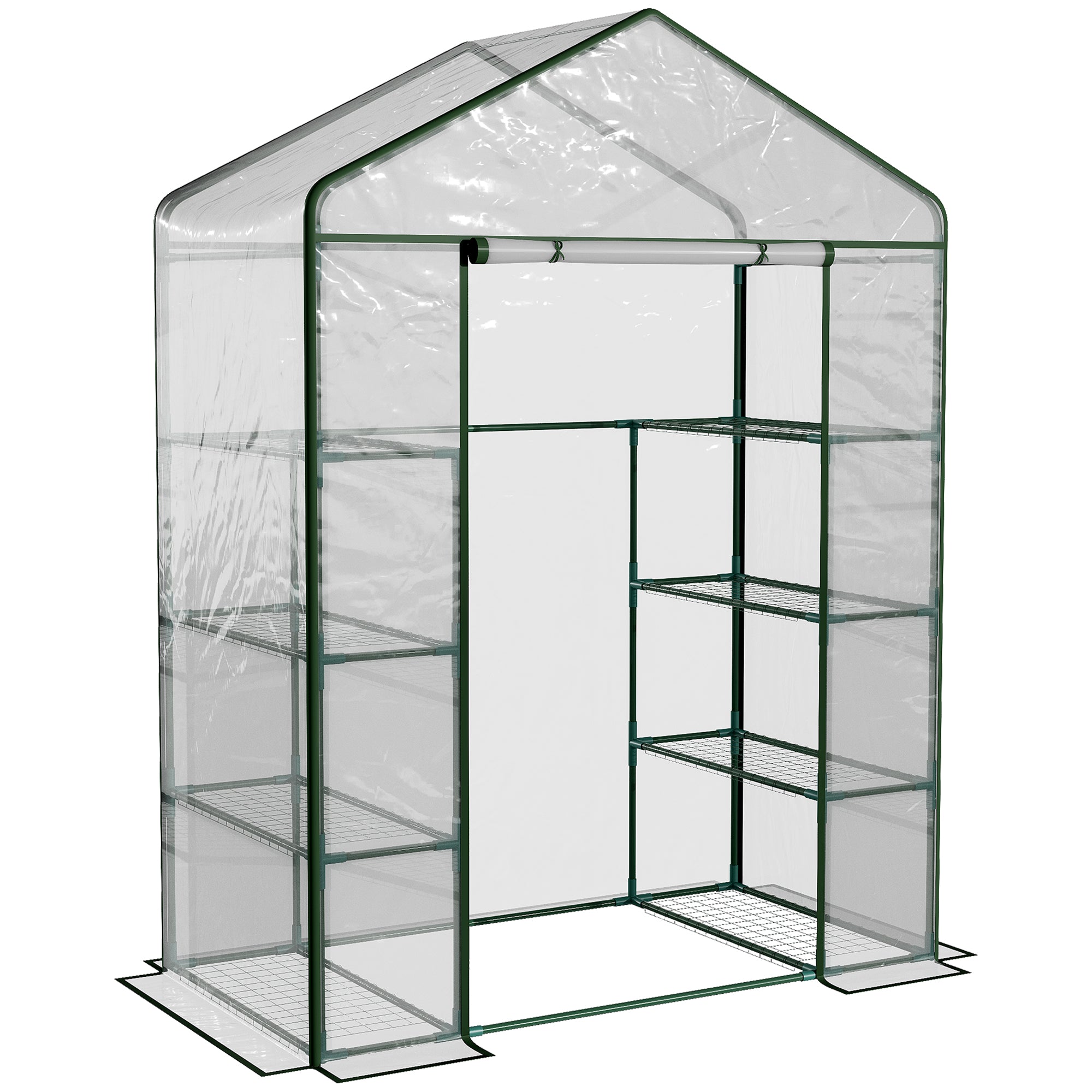 Outsunny Walk in Greenhouse with 4-Tier 8 Shelves, Green House with Hemmed Cover, Roll-up Zipped Door, Steel Frame, 143 x 73 x 195cm - North Peak Garden Furniture