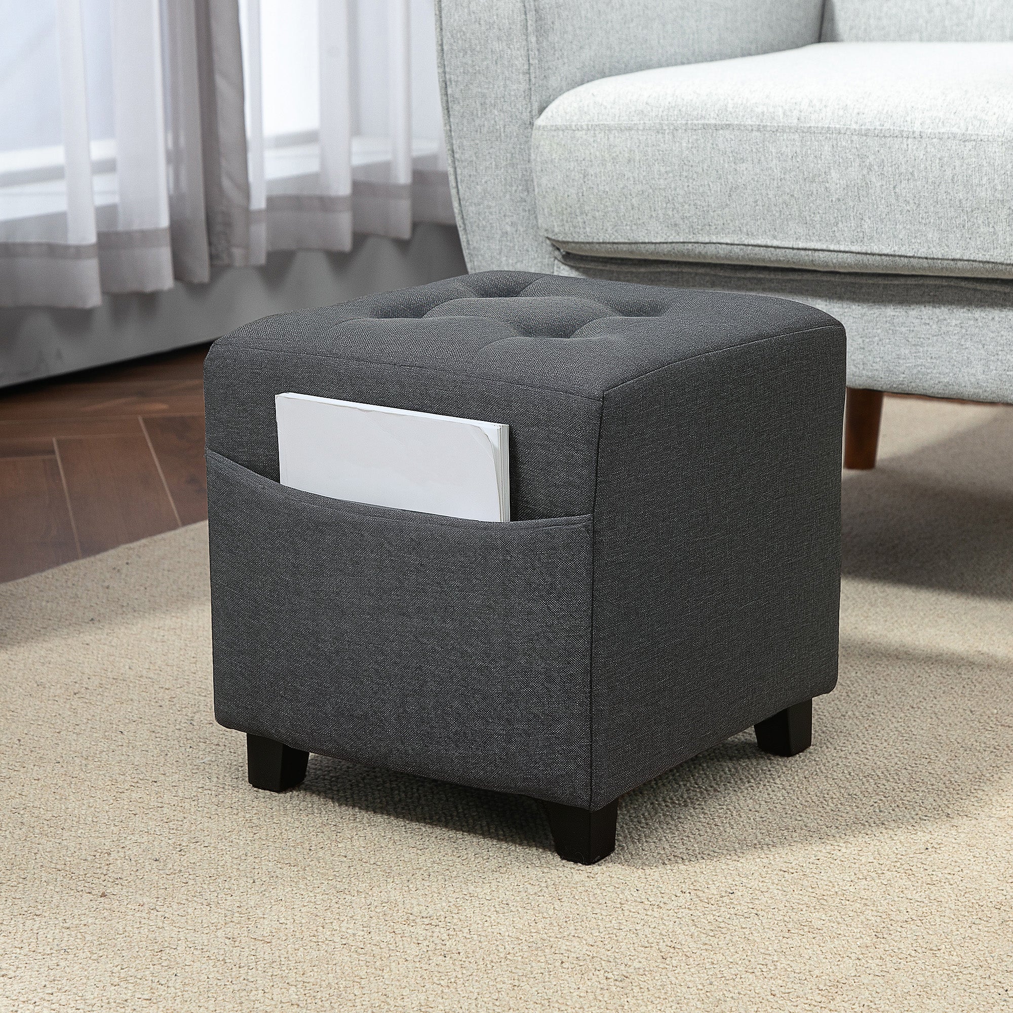 HOMCOM Square Footstool, Small Ottoman with Side Pocket, Linen Fabric Footrest Foot Stool with Rubber Wood Legs and Padded Seat for Living Room, Bedroom, Entryway, 35 x 35 x 35cm, Grey - North Peak Garden Furniture