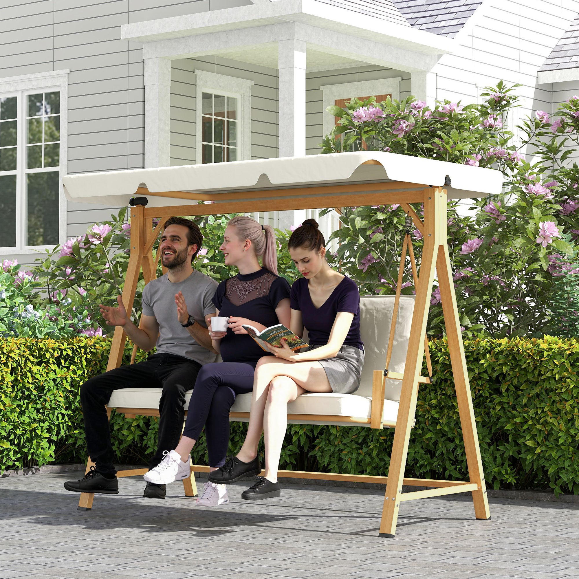 Outsunny Three-Seater Garden Swing Bench, with Adjustable Canopy - Beige - North Peak Garden Furniture