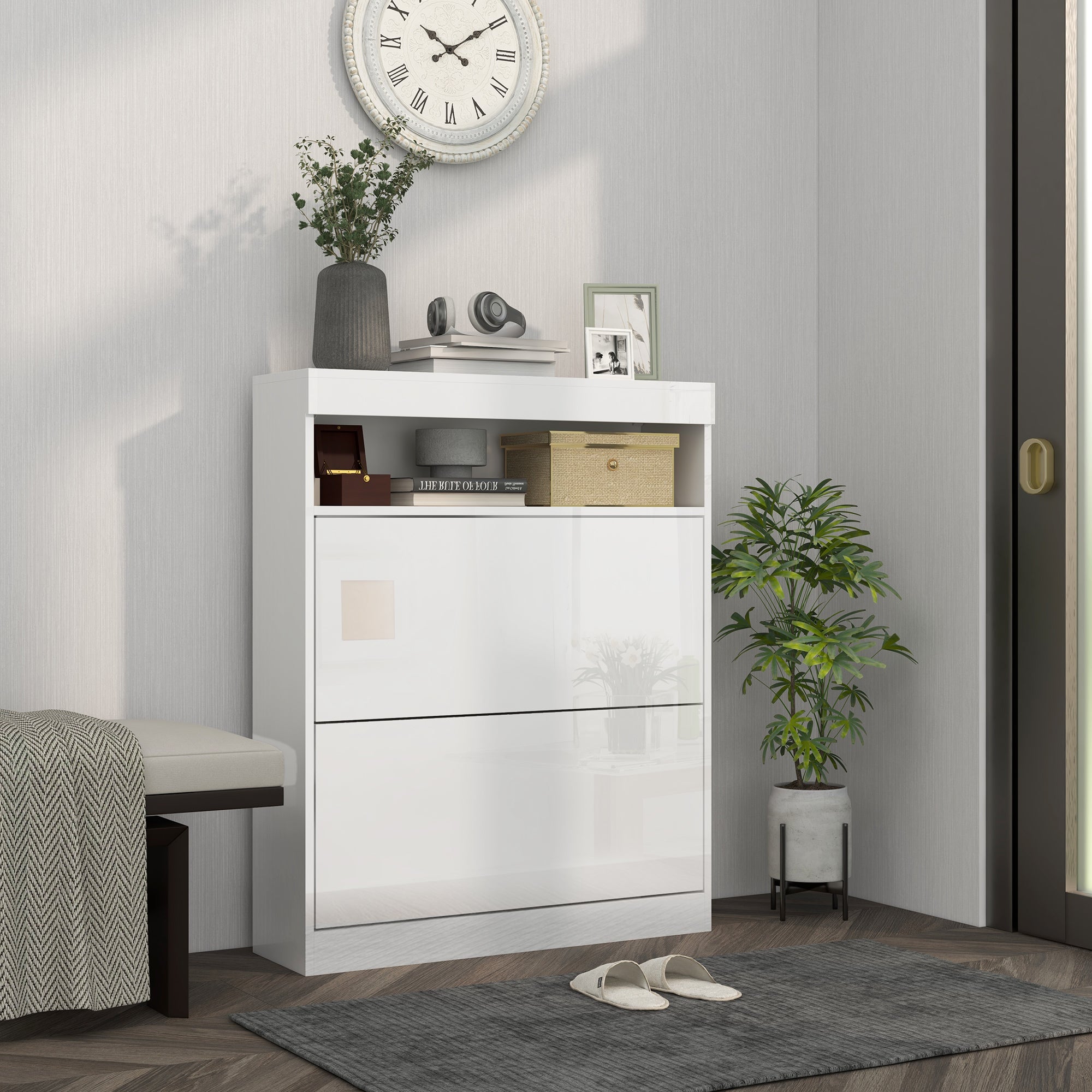 HOMCOM 16 Shoe Pair Storage Cabinet, with Flip Doors - High Gloss White - North Peak Garden Furniture