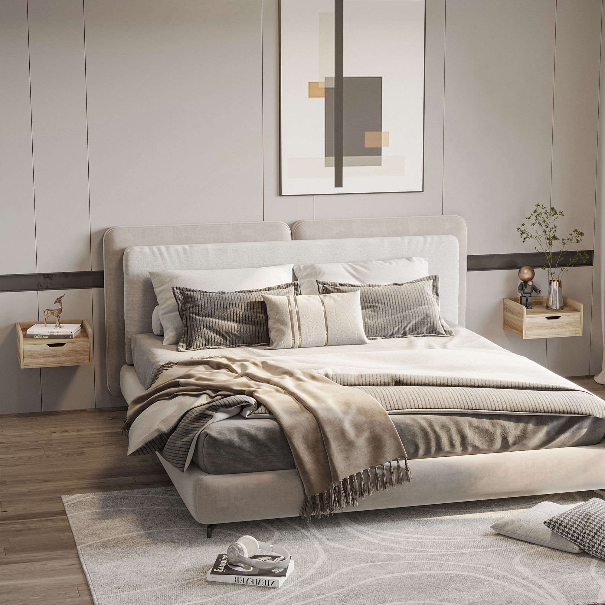 HOMCOM Floating Nightstand Set of 2 Wall Mounted Bedside Table with Storage Drawer for Bedroom, Natural - North Peak Garden Furniture