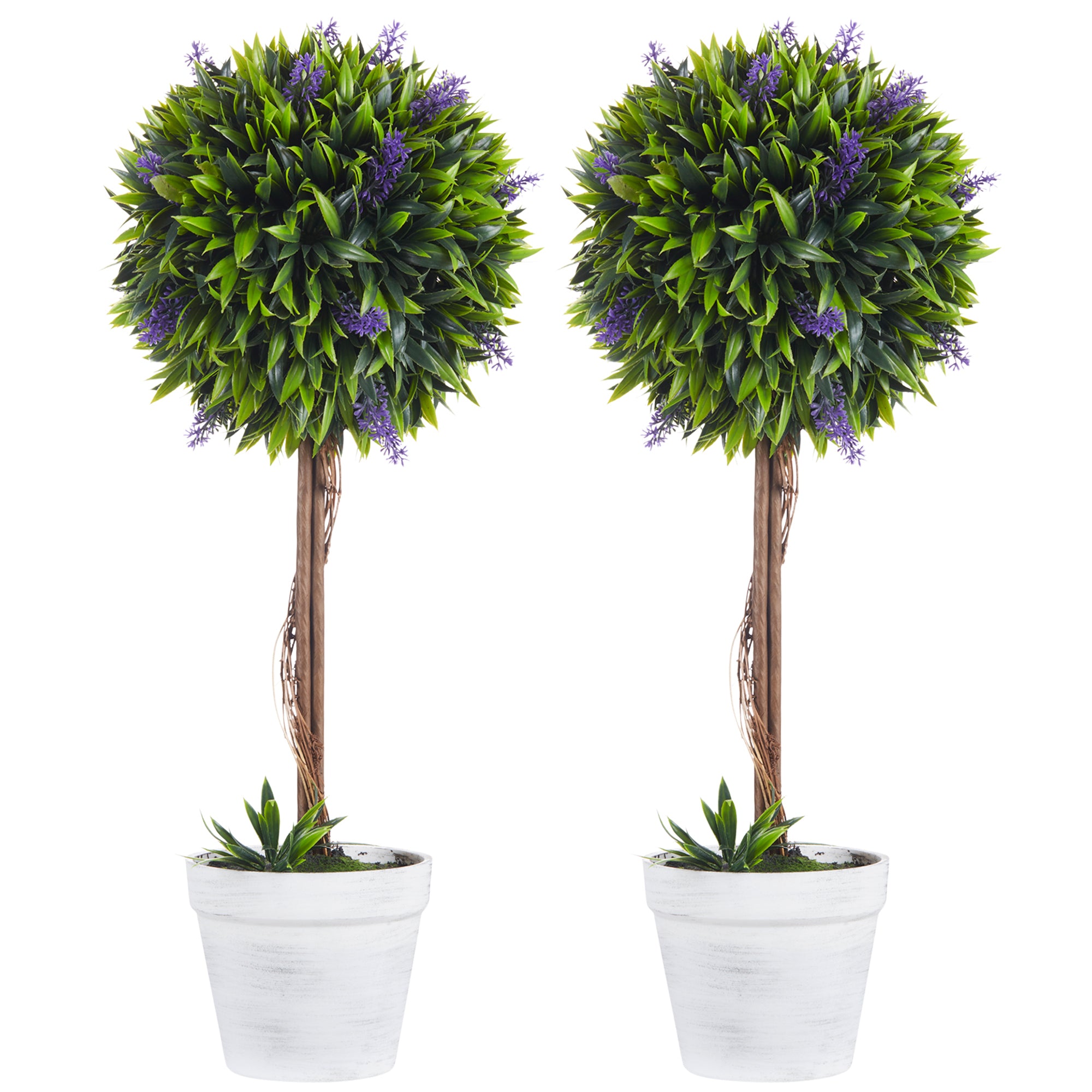 HOMCOM Set of 2 Decorative Artificial Plants Ball Trees with Lavender Flowers in Pot Fake Plants for Home Indoor Outdoor Decor, 60cm, Green - North Peak Garden Furniture
