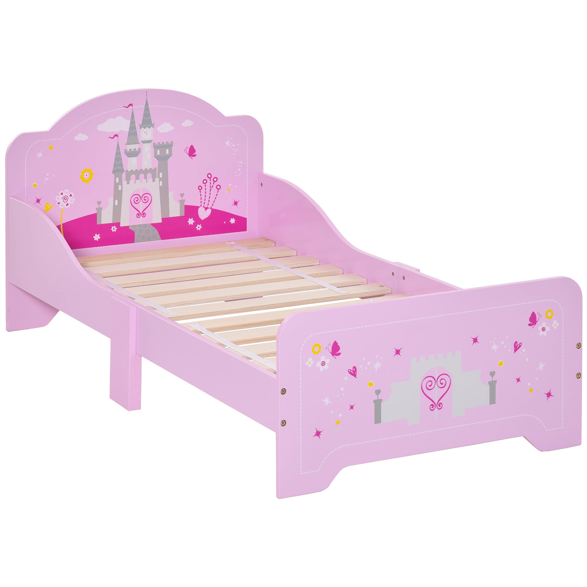 HOMCOM Kids Bed Princess Castle Theme w/ Side Rails Slats Home Furniture for 3 - 6 Yrs Pink 143 x 73 x 60 cm - North Peak Garden Furniture