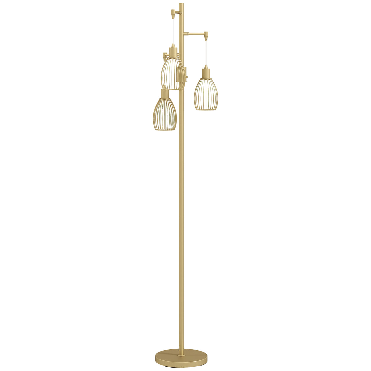HOMCOM 170cm Industrial 3-Light Floor Lamp, Dimmable Standing Lamp with Steel Lampshades for Living Room, Bedroom, Dinging Room, Study, Gold Tone