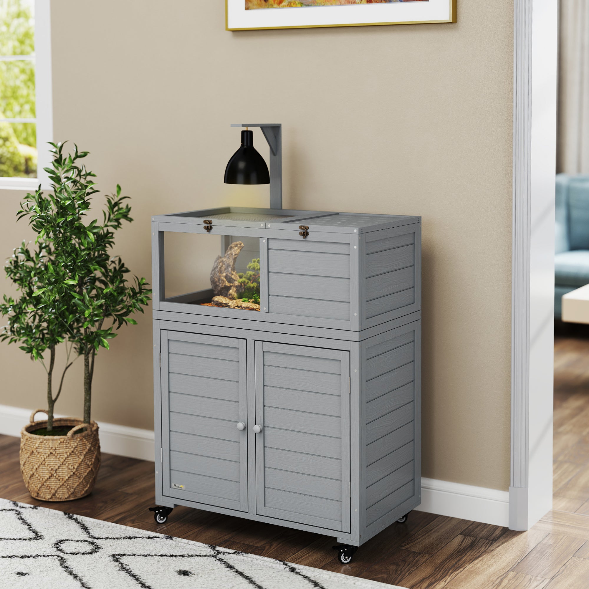PawHut Wooden Tortoise House with Storage Cabinet, Openable Top, Lamp Holder, Transparent Observation Windows, Light Grey - North Peak Garden Furniture