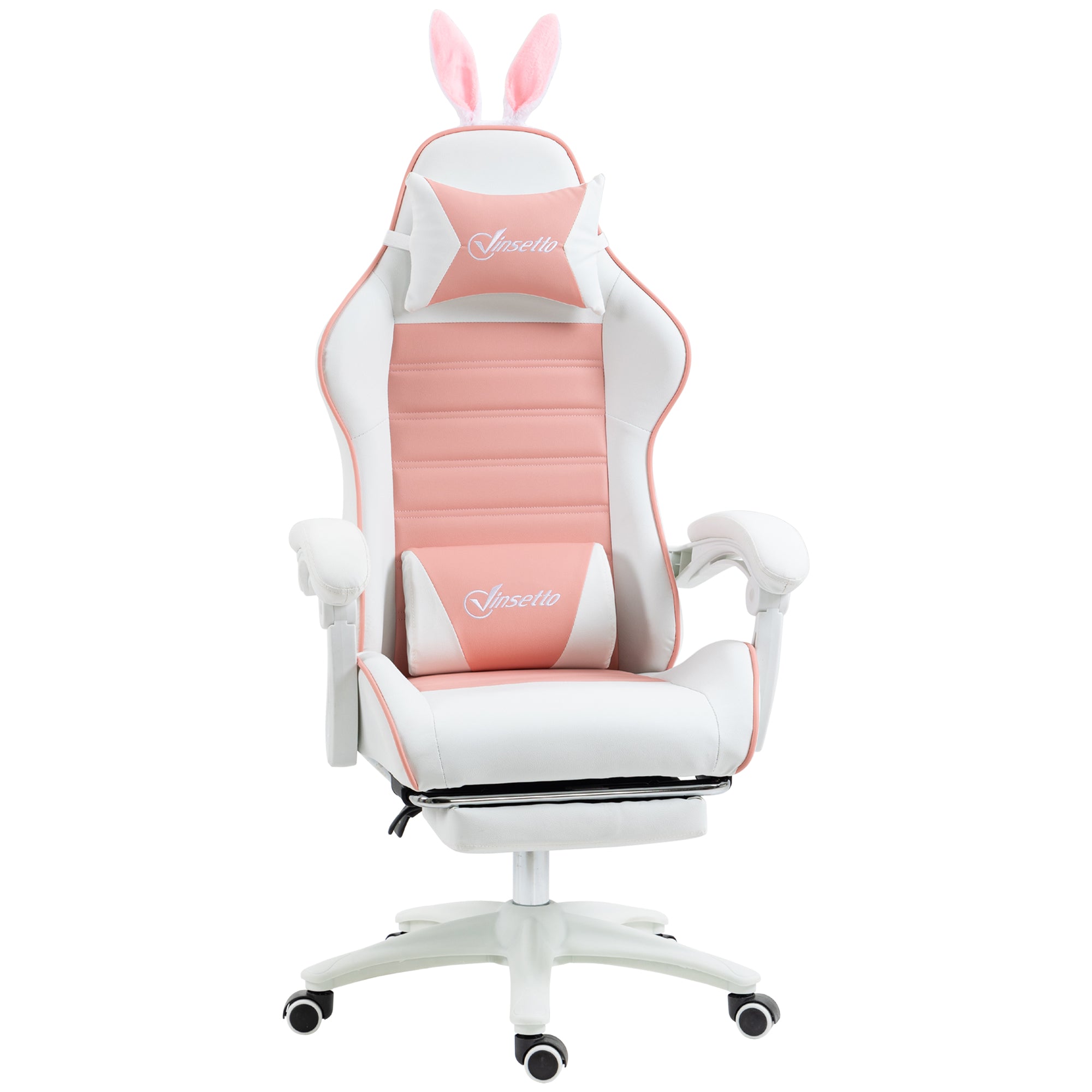 Vinsetto Racing Gaming Chair, Reclining PU Leather Computer Chair with Removable Rabbit Ears, Footrest, Headrest and Lumber Support, Pink - North Peak Garden Furniture