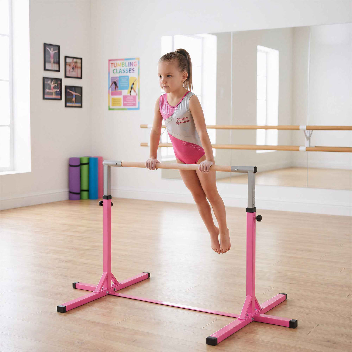 HOMCOM Height Adjustable Gymnastics Horizontal Bar For Kids Home Gym Training Children Junior Kip High Bar Fitness Pink