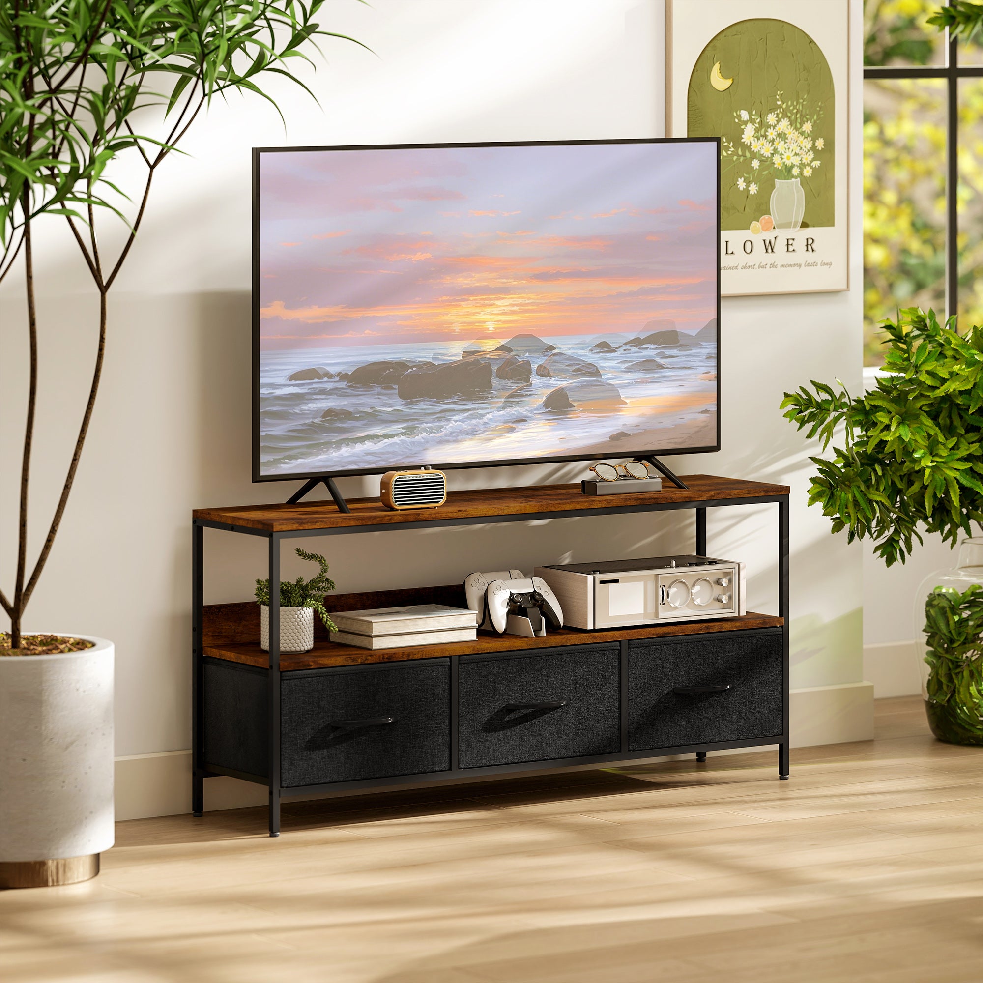 HOMCOM TV Stand Cabinet with 3 Foldable Drawers - Rustic Brown