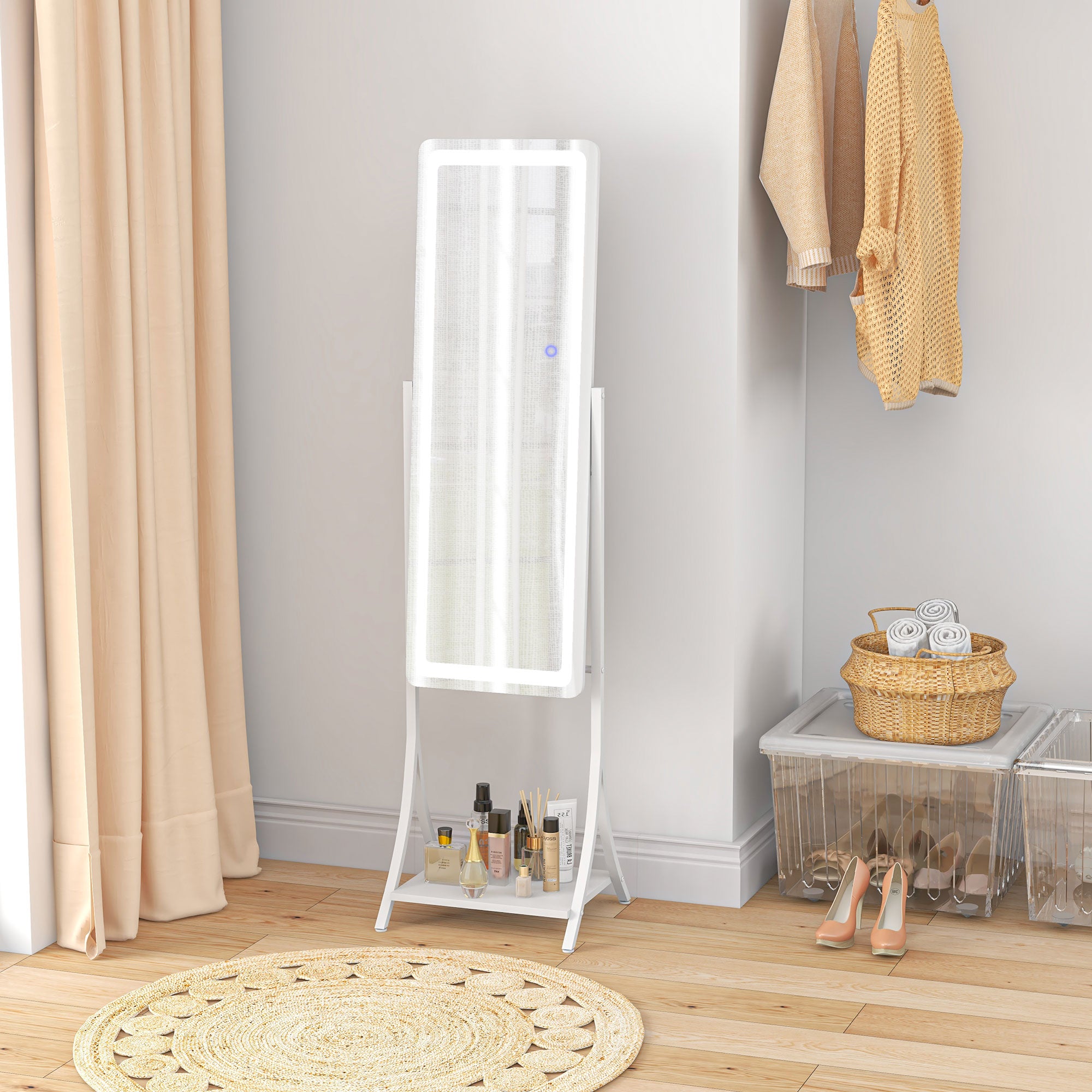 HOMCOM Free Standing Dressing Mirror with LED Lights, Full Length Mirror with 3 Temperature Colours and Storage Shelf - North Peak Garden Furniture