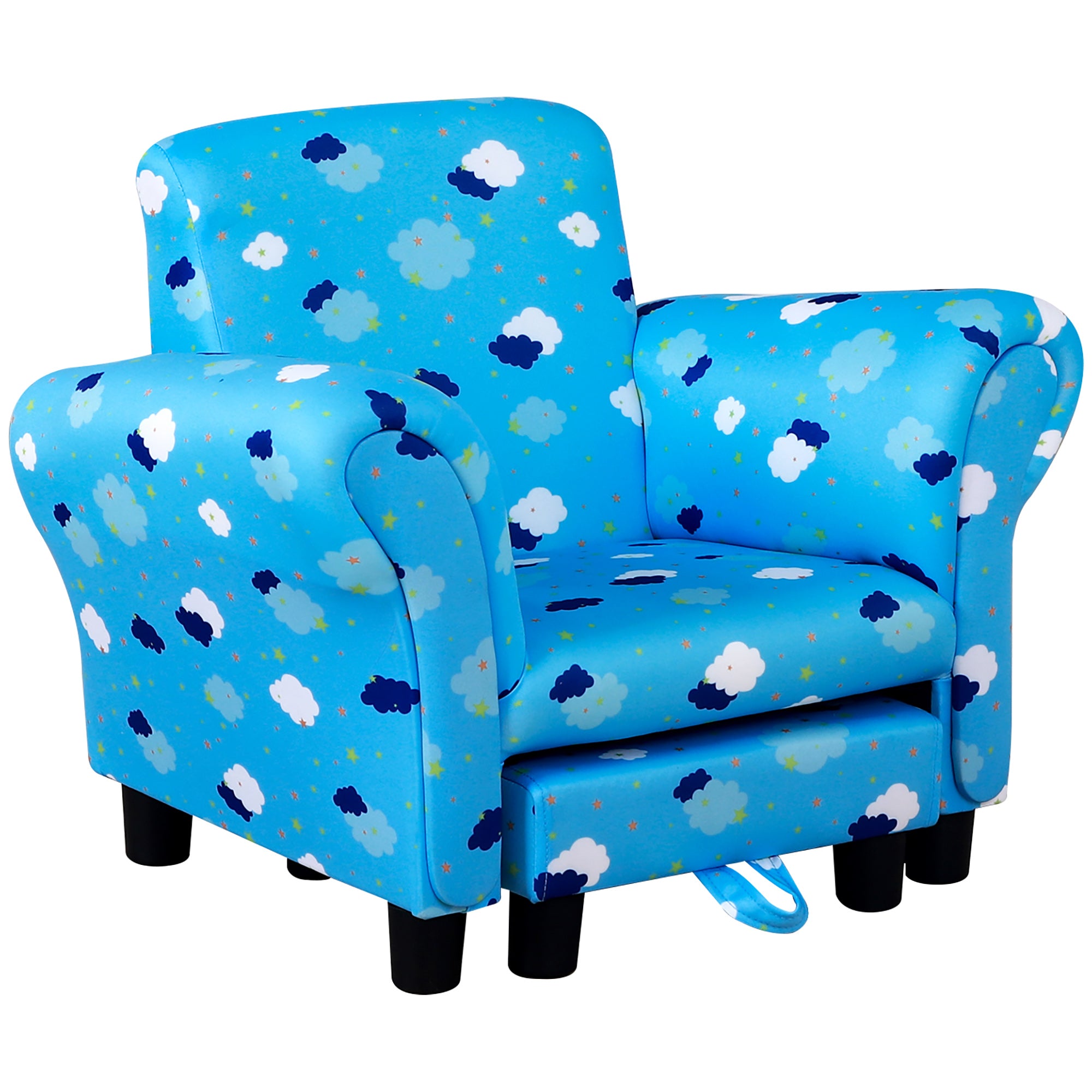 HOMCOM Toddler Chair Children's Armchairs Wood Frame w/ Footrest Anti-Slip Legs High Back Arms for Bedroom Playroom Cute Cloud Star Blue - North Peak Garden Furniture
