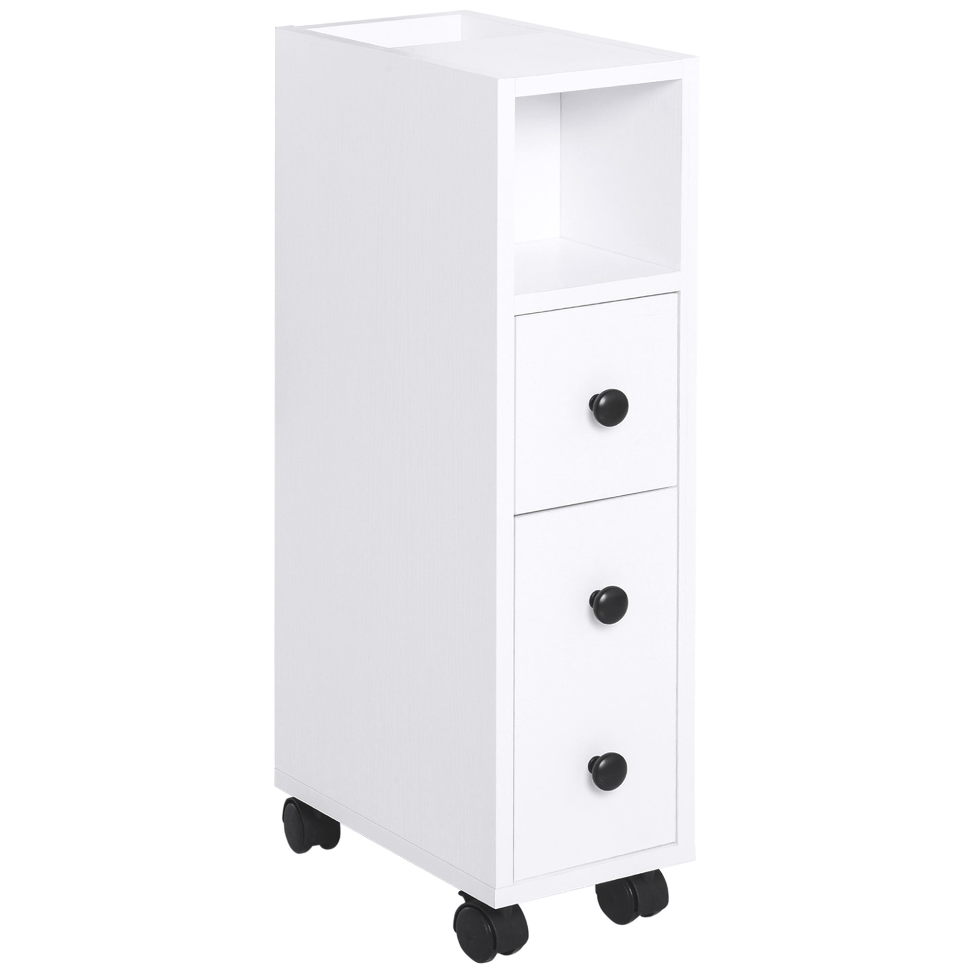 kleankin Slimline Bathroom Storage Unit w/ 2 Drawers 2 Open Compartments Wheels Handles Freestanding Compact Home Office Furniture White - North Peak Garden Furniture