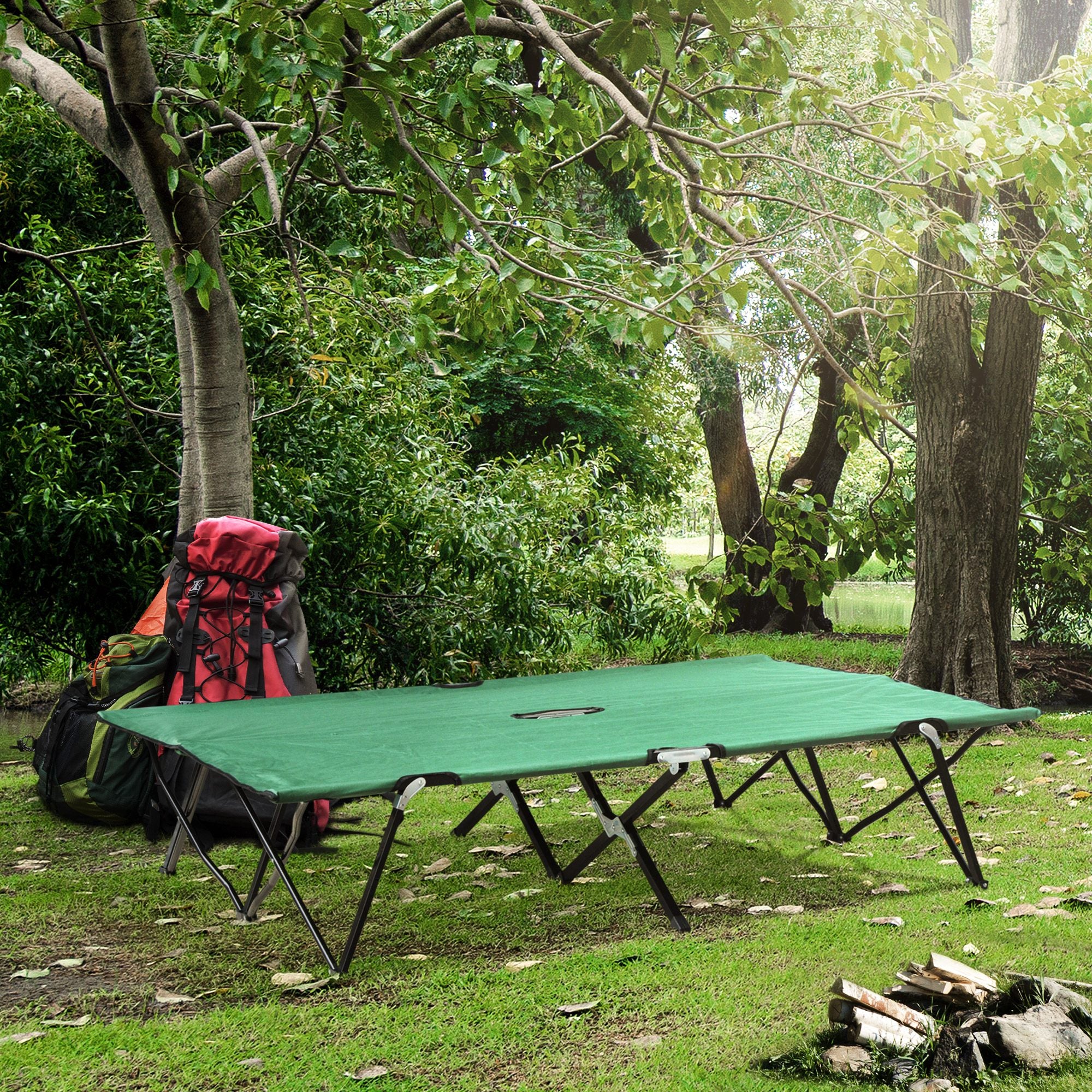 Outsunny Double Camping Bed Camping Cot Foldable Sunbed Outdoor Patio Sleeping Bed Super Light with Carry Bag (Green) - North Peak Garden Furniture