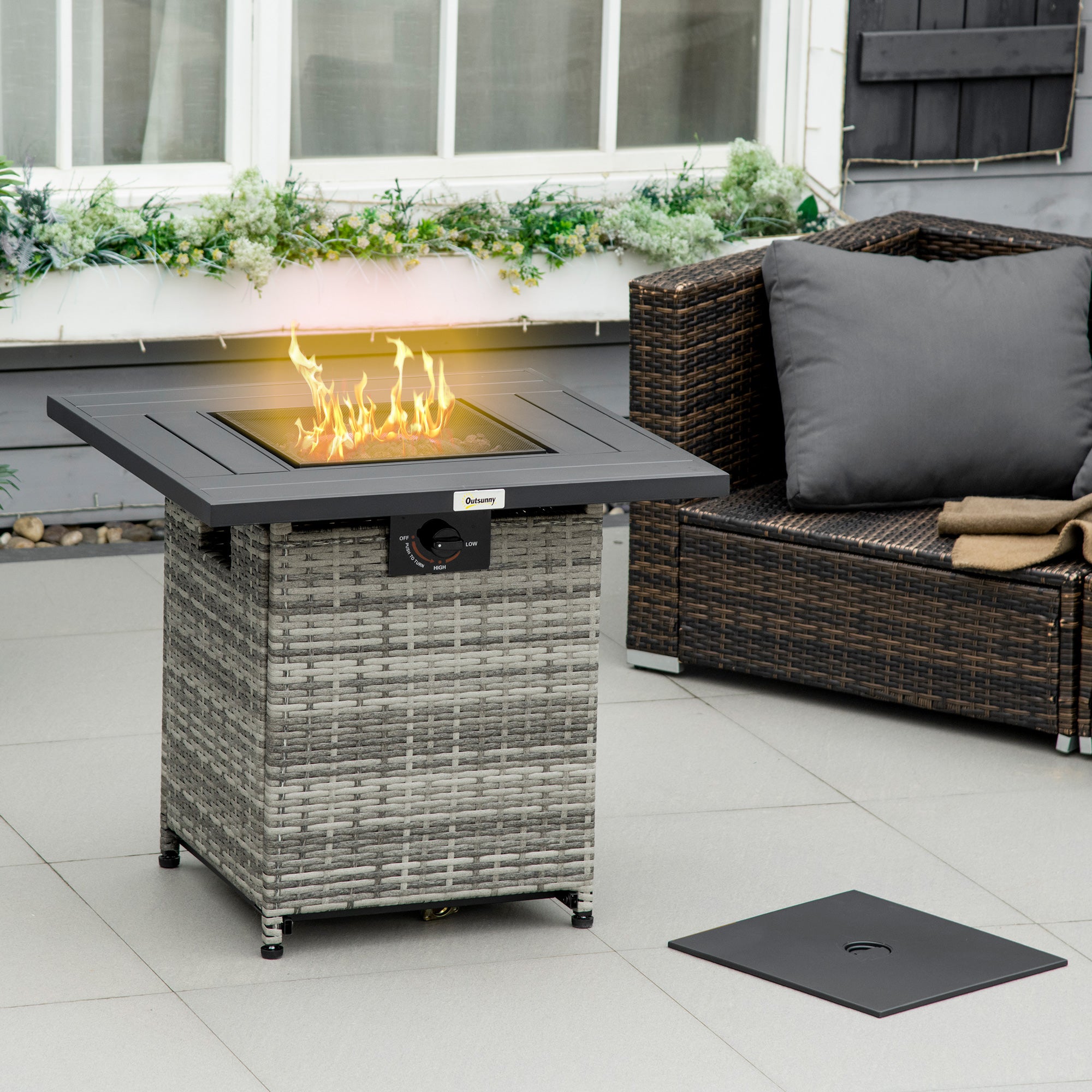 Outsunny Outdoor PE Rattan Gas Fire Pit Table, Patio Square Propane Heater with Rain Cover, Mesh Lid and Lava Stone, 40,000 BTU, Mixed Grey - North Peak Garden Furniture