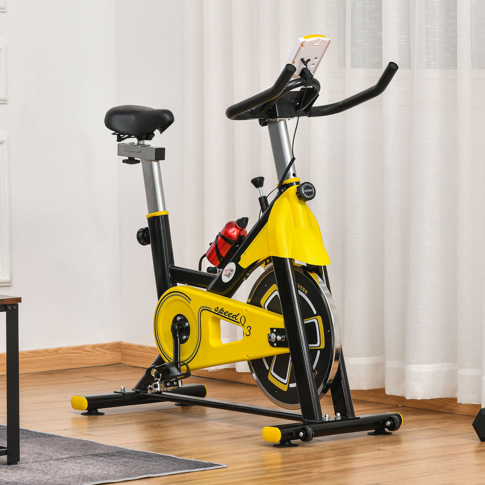 HOMCOM Exercise Bike, with 6kg Flywheel Belt Drive, Adjustable Resistance, LCD Display - Yellow - North Peak Garden Furniture