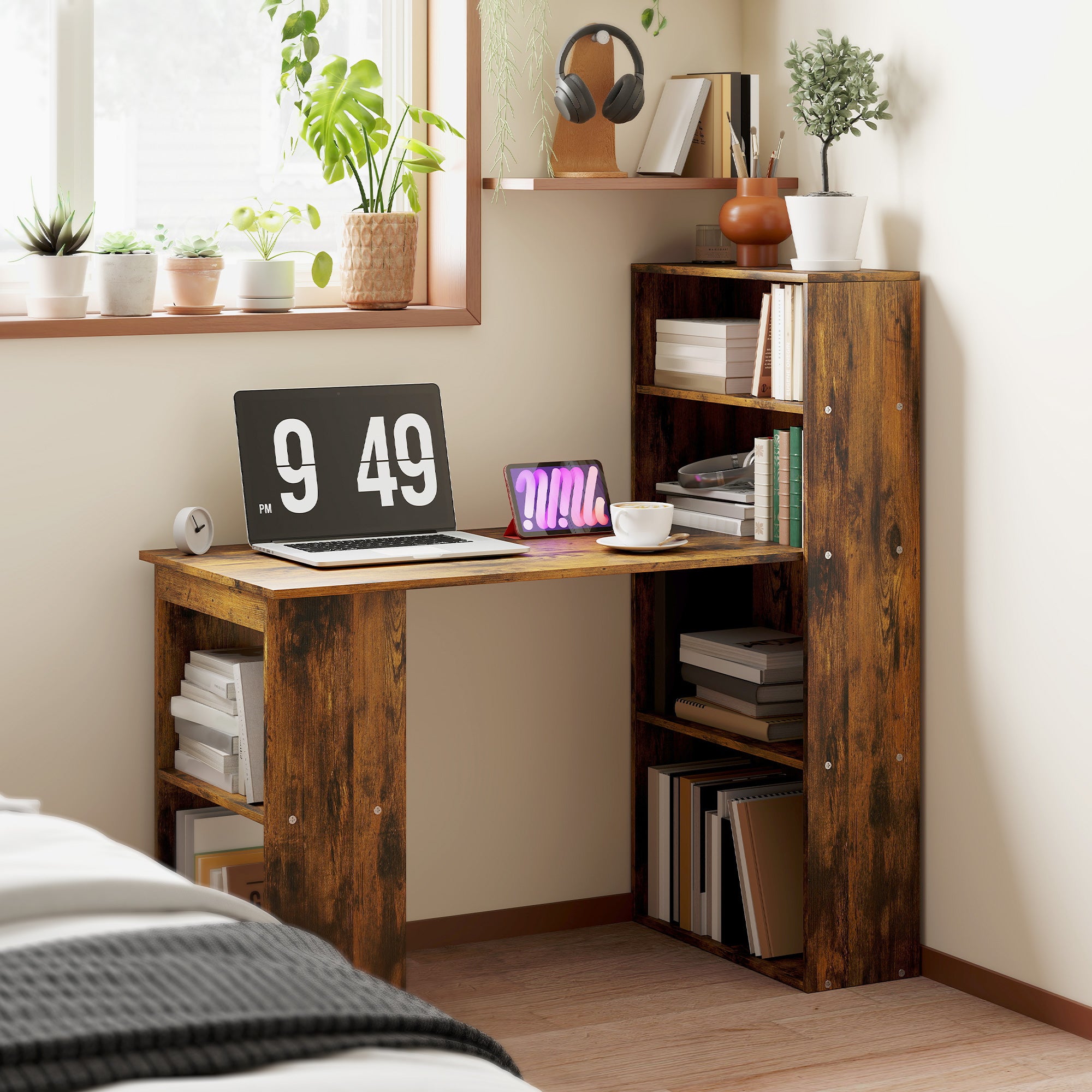 HOMCOM 120cm Computer Desk, Wooden PC Laptop Table with 6-Tier Storage Bookshelves, Home Office Working Study Desk, Writing Workstation, Rustic Brown Wood-Effect