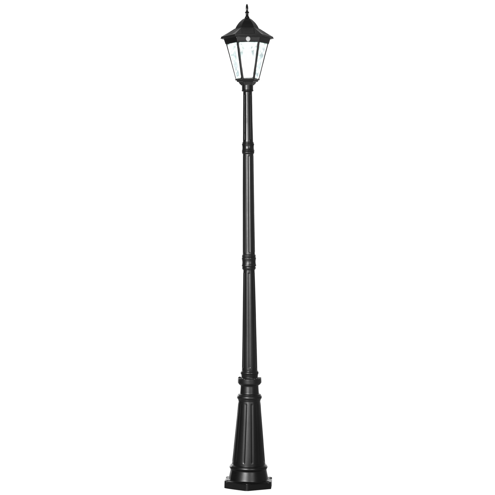 Outsunny 2.4 m Garden Lamp Post Light, LED Solar Powered Patio Path Lighting Lamp with Aluminium Frame, PIR Motion Sensor for Lawn, Pathway, Driveway, Black - North Peak Garden Furniture