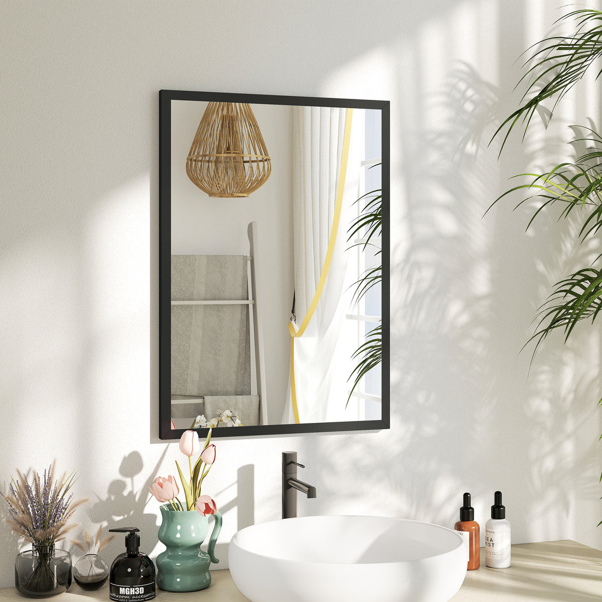HOMCOM Wall Bathroom Mirror, 70 x 50 cm Wall-Mounted Mirror for Living Room, Bedroom, Hallway, Black