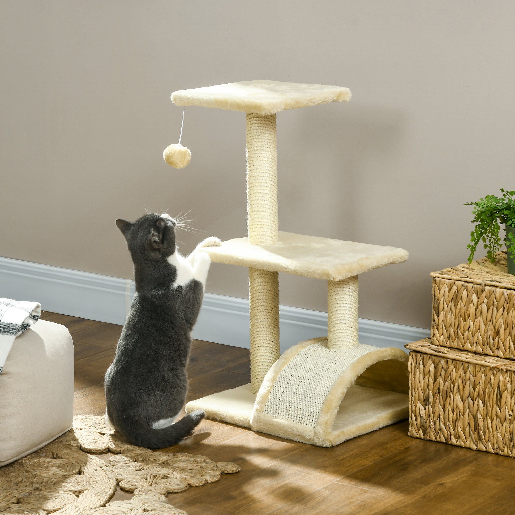 PawHut 72cm Cat Tree with Scratching Post, Pad for Indoor Cats - Cream White - North Peak Garden Furniture