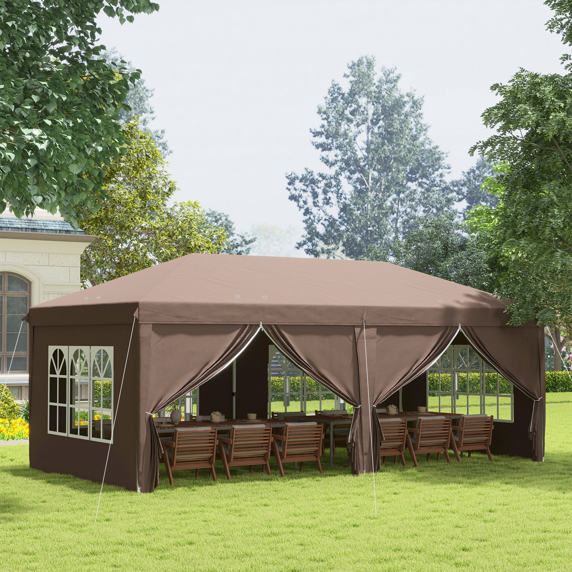 Outsunny 3 x 6 m Pop Up Gazebo with Sides and Windows, Height Adjustable Party Tent with Storage Bag for Garden, Camping, Event, Brown - North Peak Garden Furniture