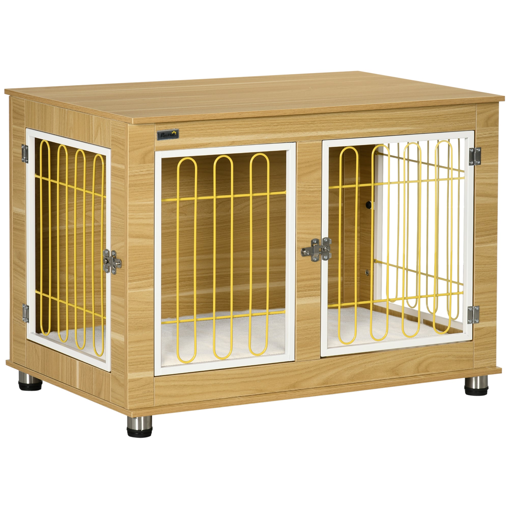 PawHut Dog Crate Furniture, Dog Cage End Table. with Soft Cushion, Double Door - Oak Tone - North Peak Garden Furniture
