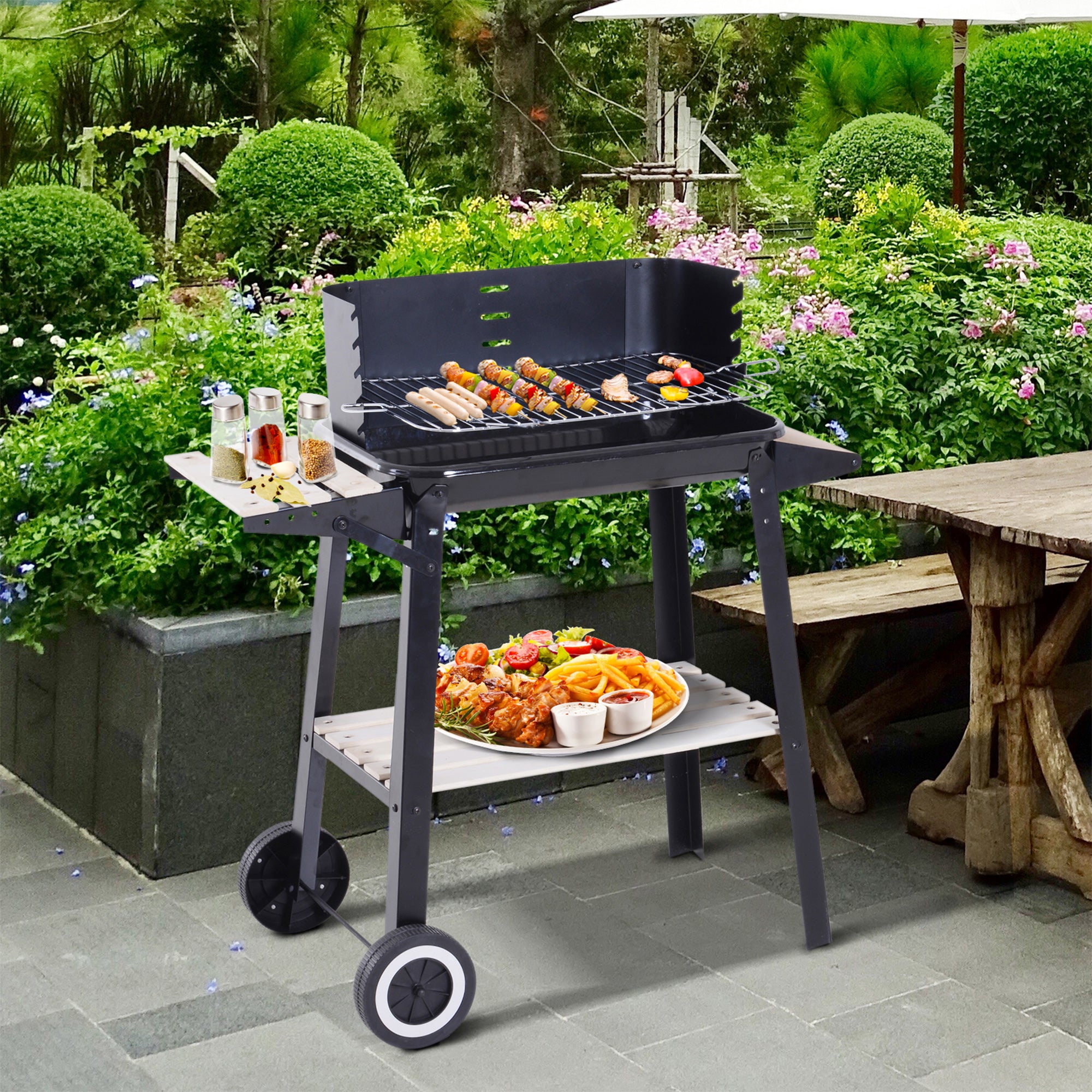 Outsunny Trolley Charcoal BBQ Barbecue Grill Outdoor Patio Garden Heating Smoker with Side Trays Storage Shelf and Wheels - North Peak Garden Furniture