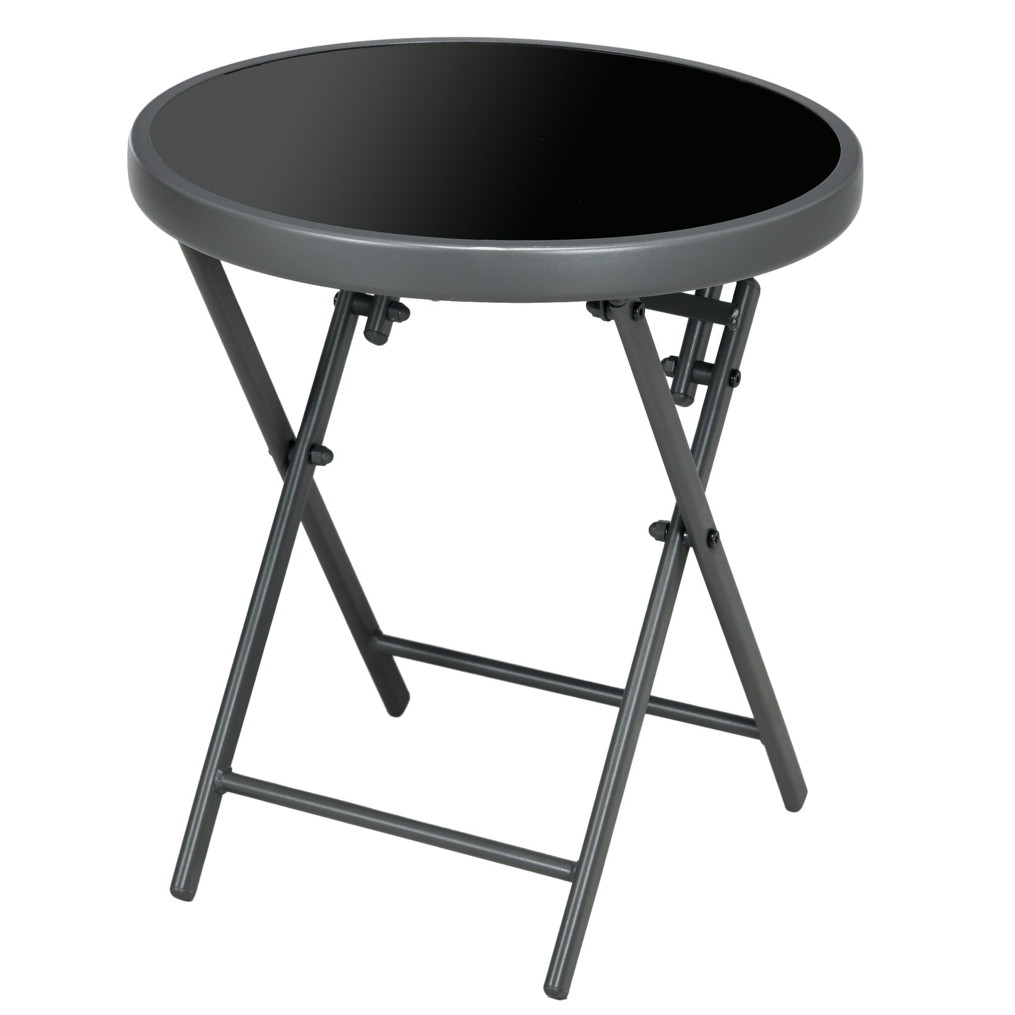 Outsunny Φ45cm Garden Side Table, Outdoor Round Folding Patio Table with Imitation Marble Glass Top, Small Coffee Table, Black - North Peak Garden Furniture