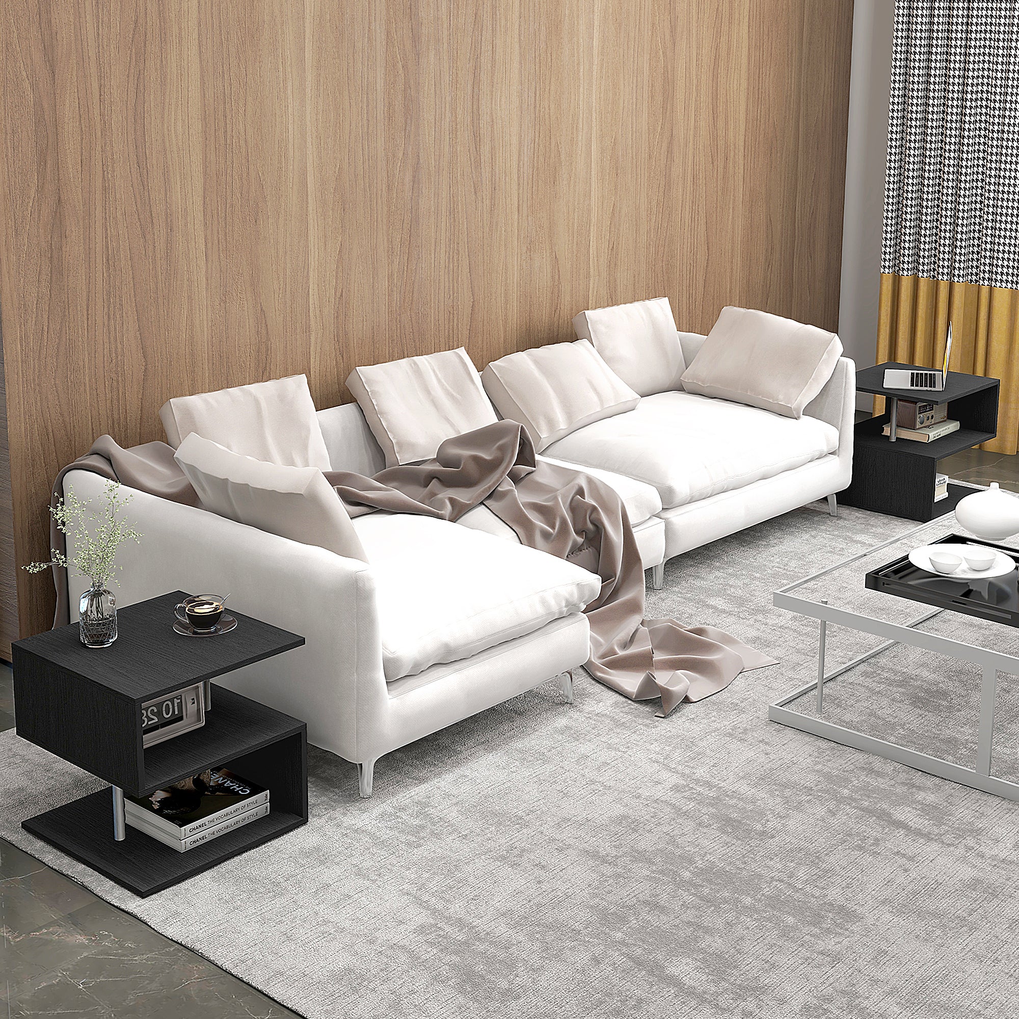 HOMCOM Wooden S Shape Cube Coffee Table 2 Tier Storage Shelves Organizer Office Bookcase Living Room End Desk Stand Display Set of 2 (Black) - North Peak Garden Furniture